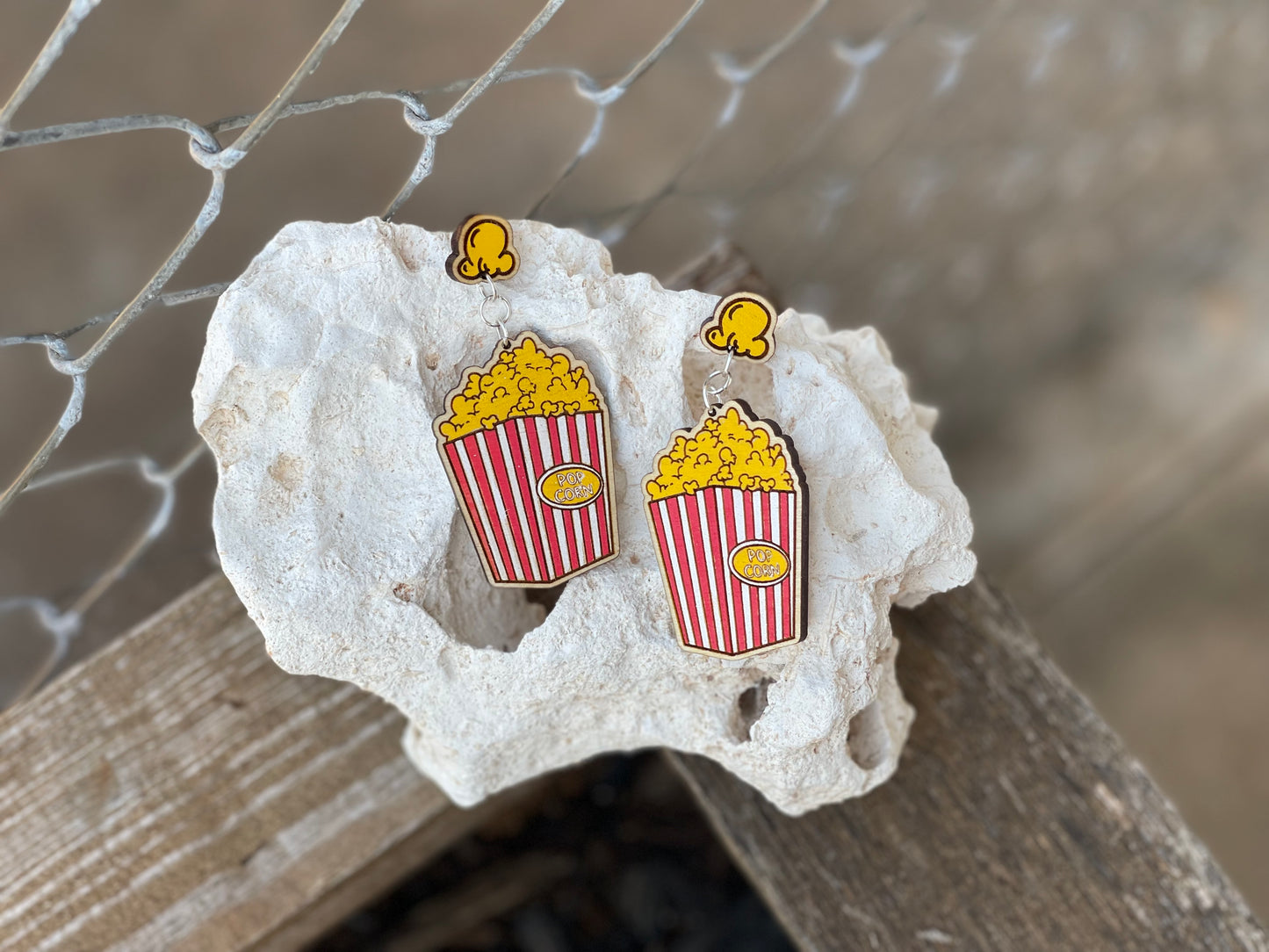 Popcorn Bucket Earrings | Hand-Painted Wood Engraved Stud & Dangle Drops – Perfect for Movie Lovers