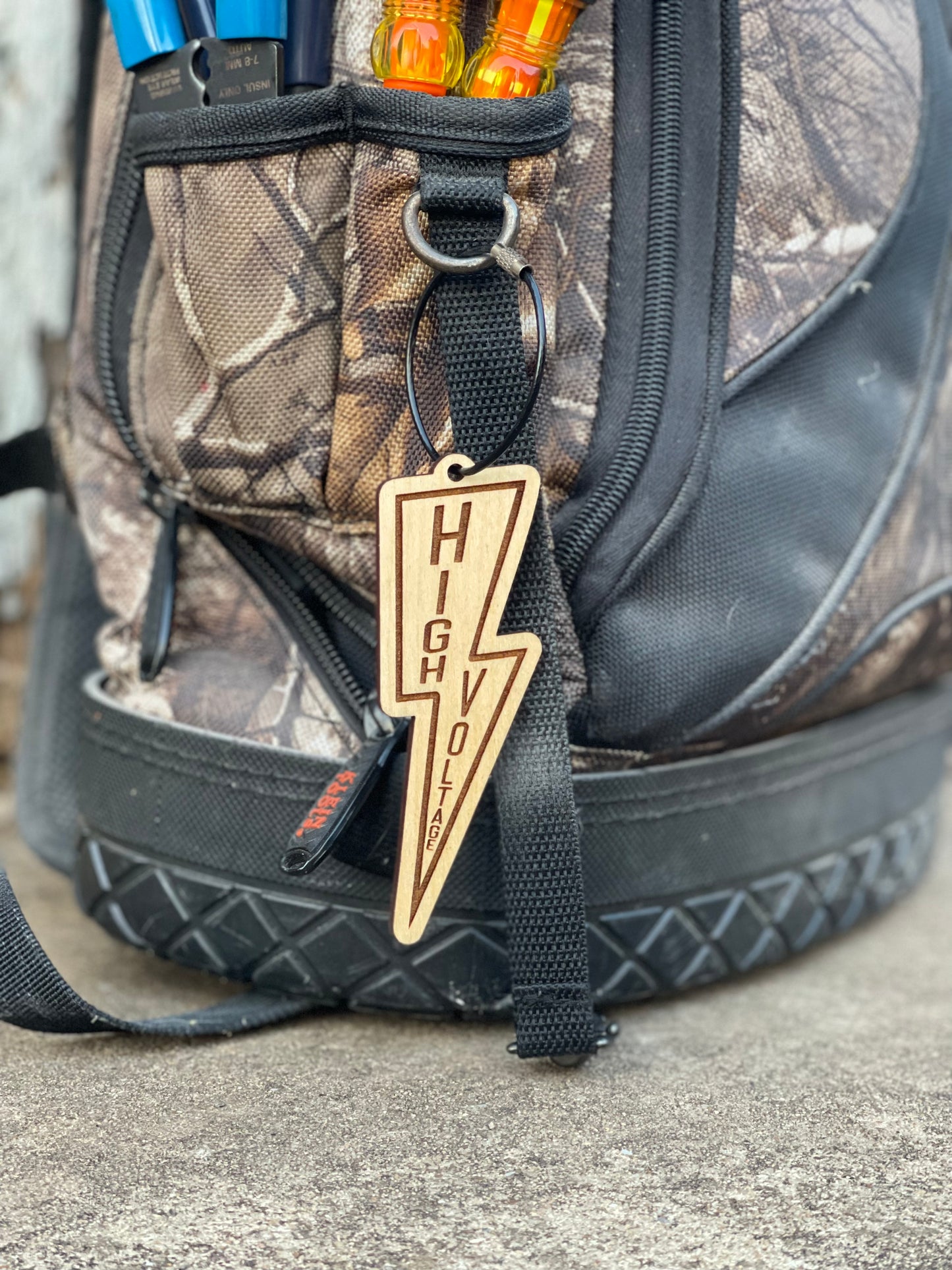 High Voltage Wood Engraved Charm Keychain | Bag & Luggage Tag | Lineman Line Life Gift