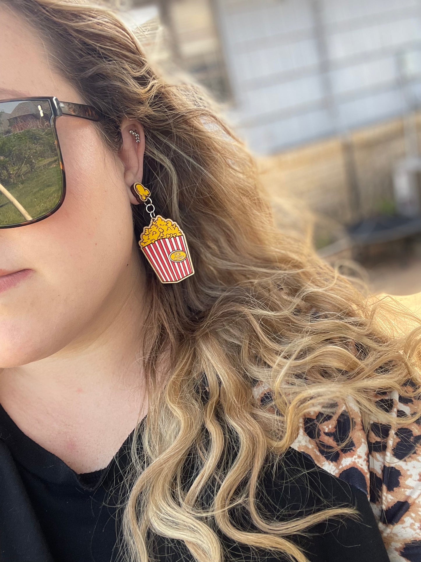 Popcorn Bucket Earrings | Hand-Painted Wood Engraved Stud & Dangle Drops – Perfect for Movie Lovers