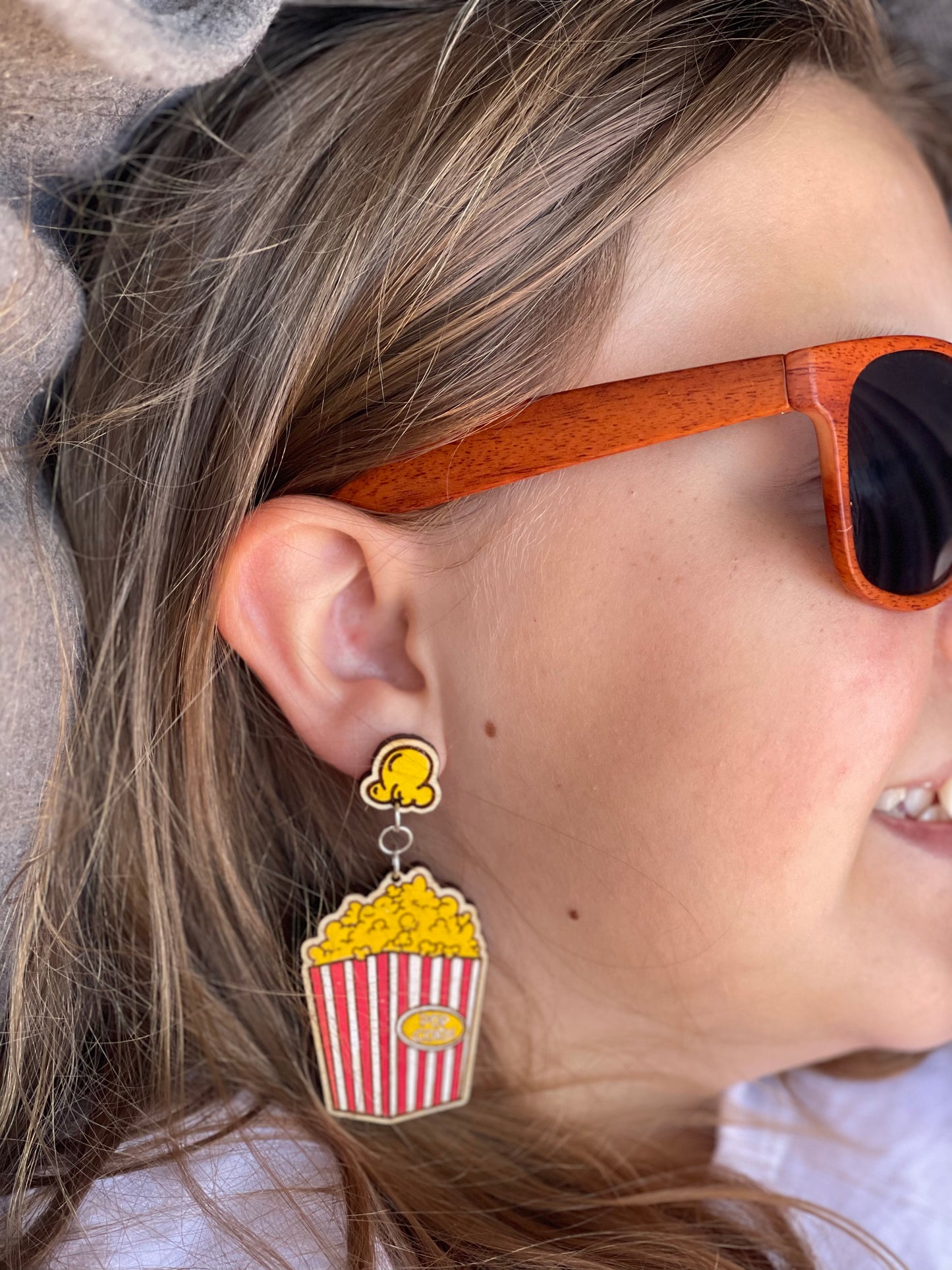 Popcorn Bucket Earrings | Hand-Painted Wood Engraved Stud & Dangle Drops – Perfect for Movie Lovers