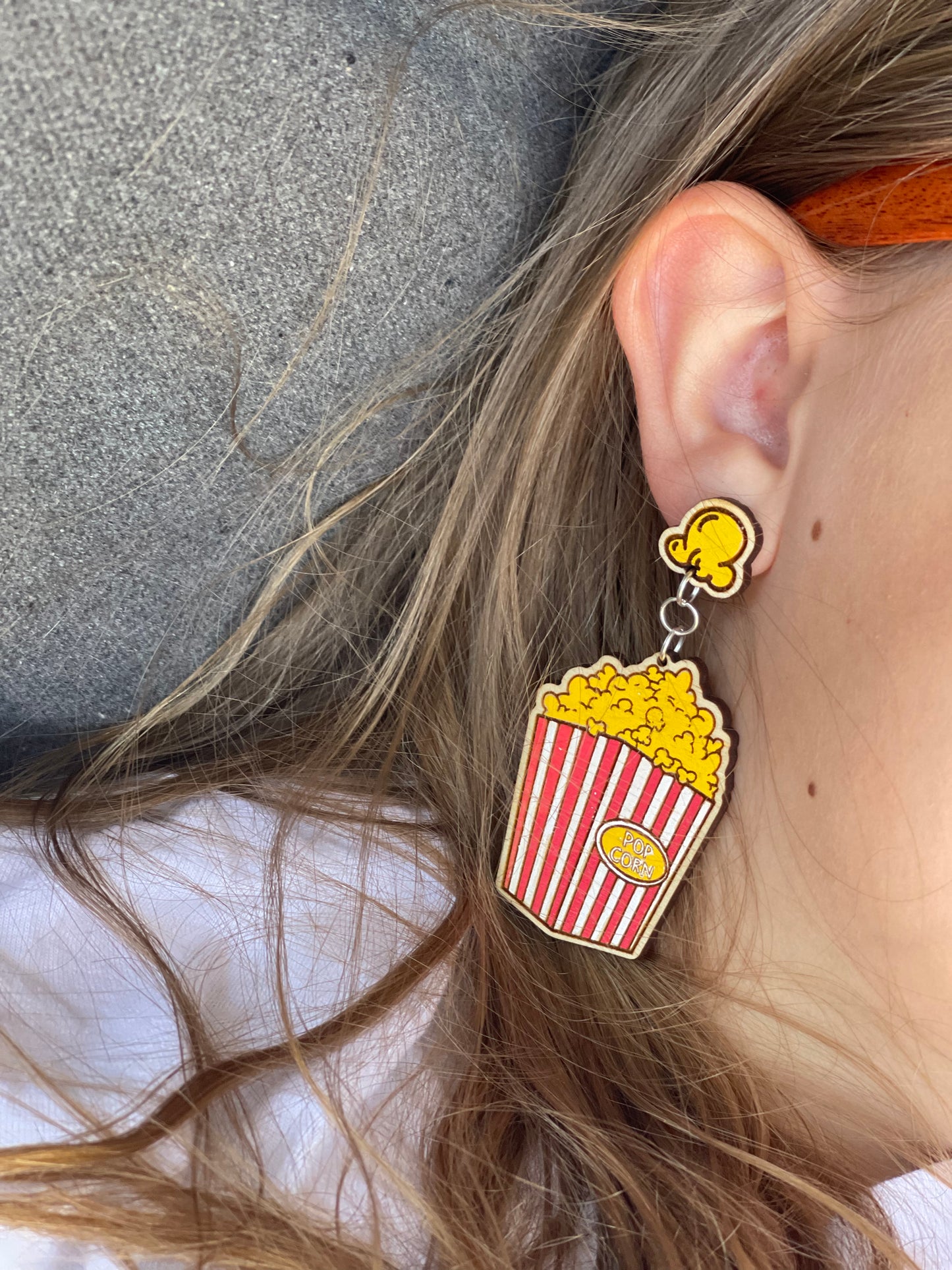 Popcorn Bucket Earrings | Hand-Painted Wood Engraved Stud & Dangle Drops – Perfect for Movie Lovers