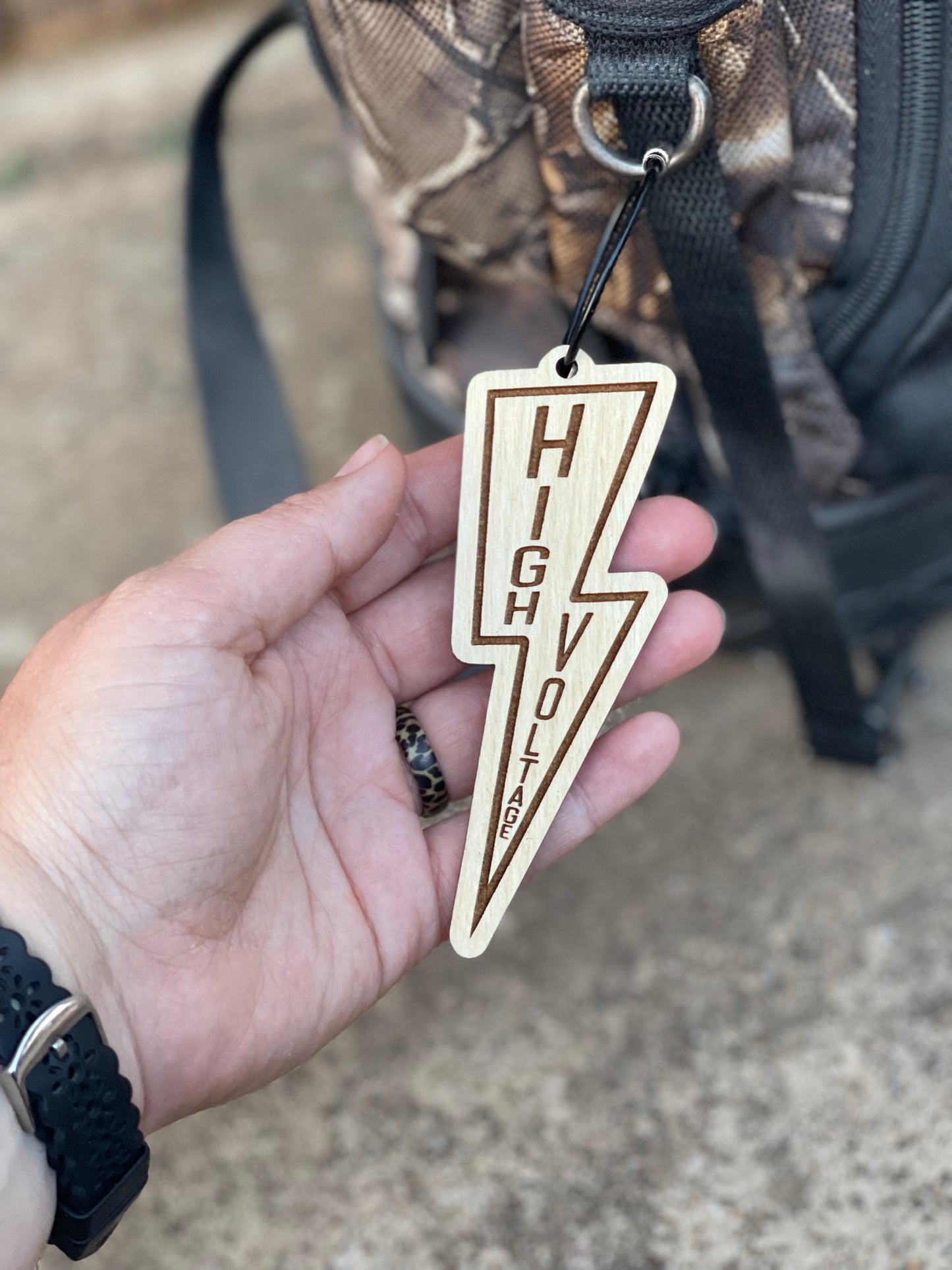 High Voltage Wood Engraved Charm Keychain | Bag & Luggage Tag | Lineman Line Life Gift
