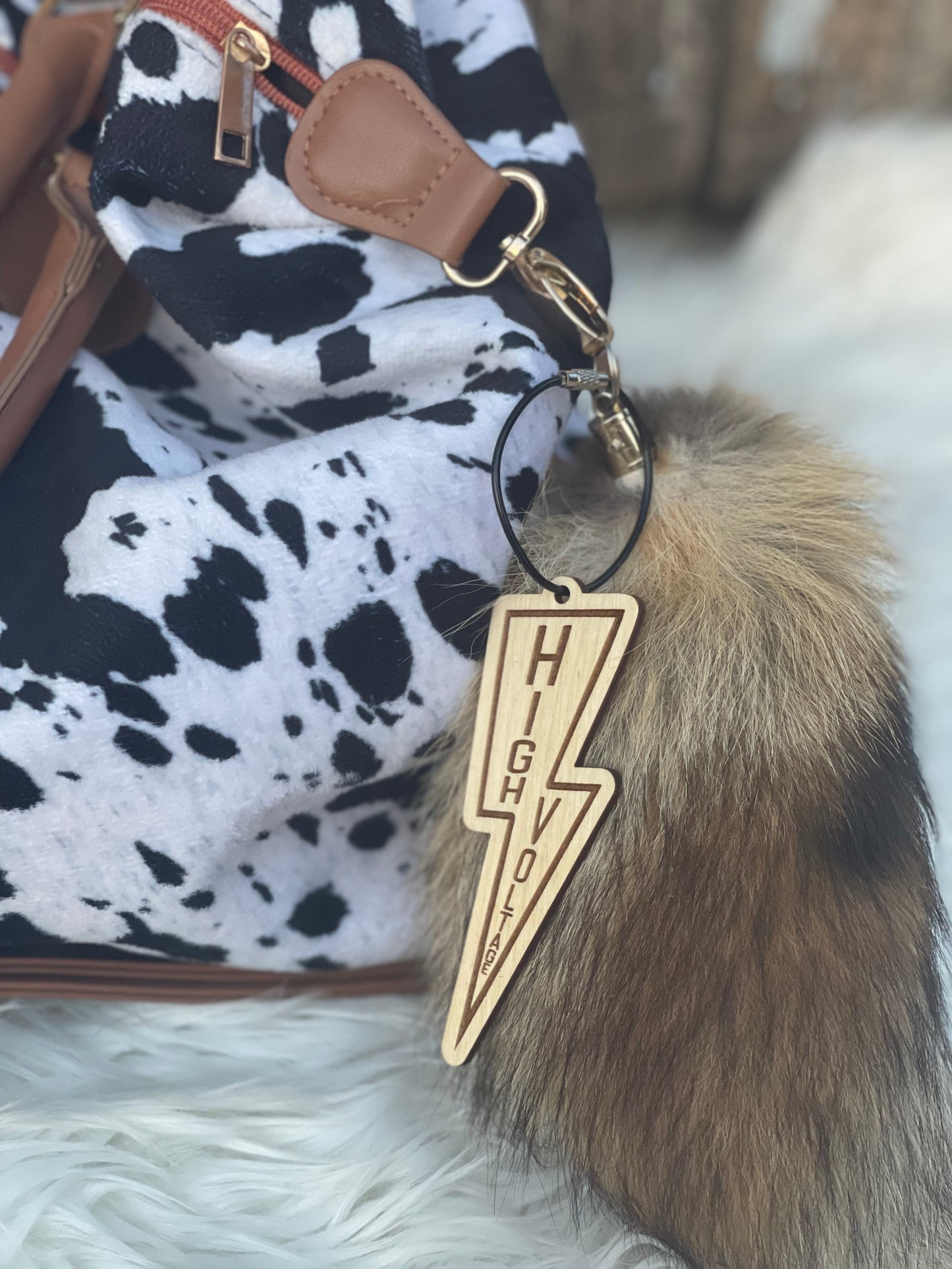 High Voltage Wood Engraved Charm Keychain | Bag & Luggage Tag | Lineman Line Life Gift