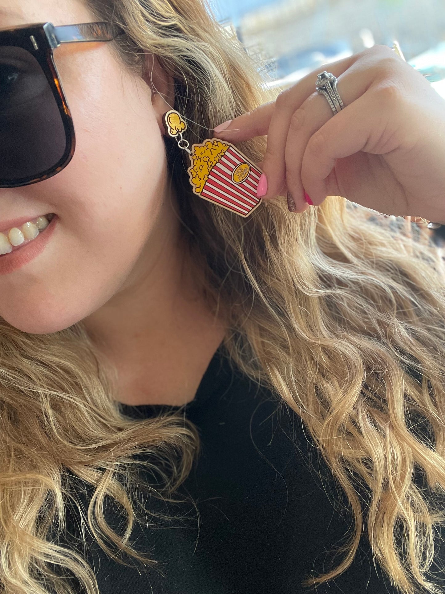Popcorn Bucket Earrings | Hand-Painted Wood Engraved Stud & Dangle Drops – Perfect for Movie Lovers
