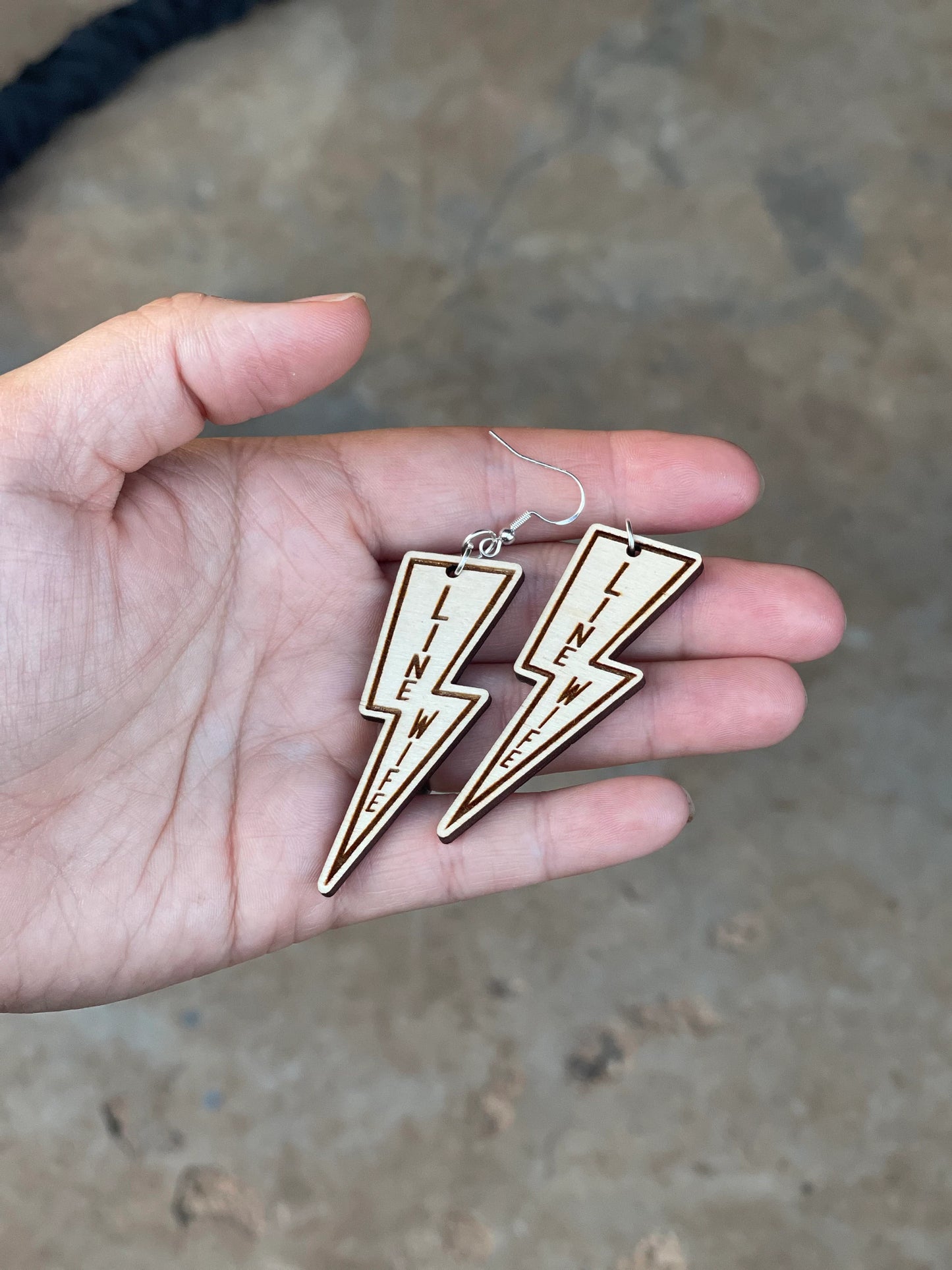 Line Wife Lightning Bolt Wood Engraved Dangle Earrings | Lineman Linewife Jewelry