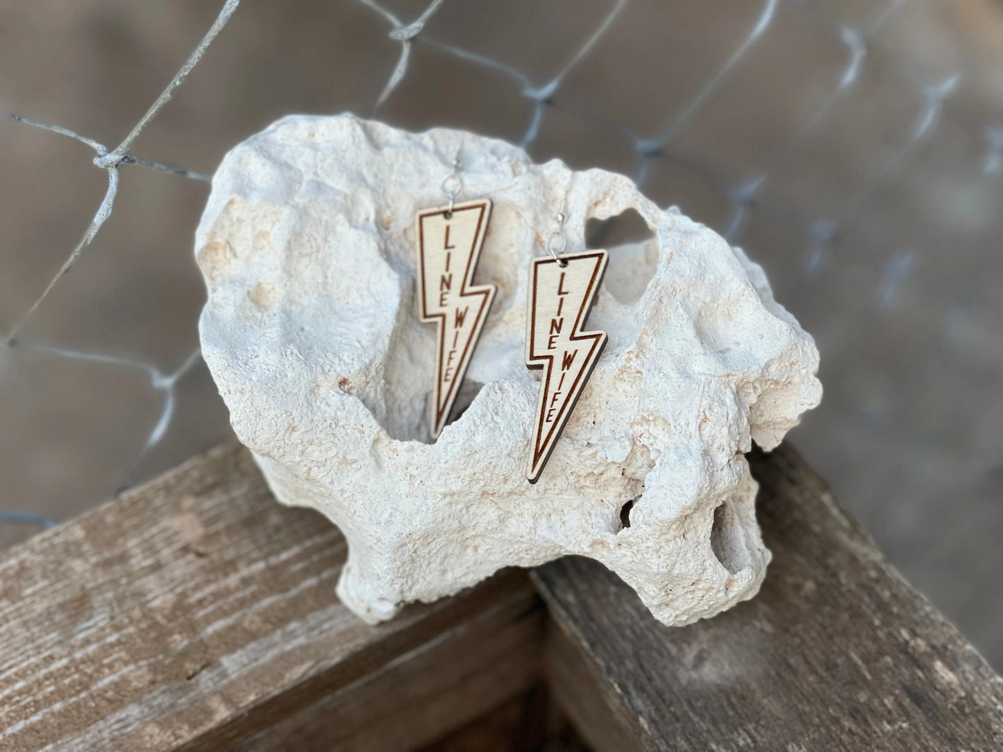 Line Wife Lightning Bolt Wood Engraved Dangle Earrings | Lineman Linewife Jewelry