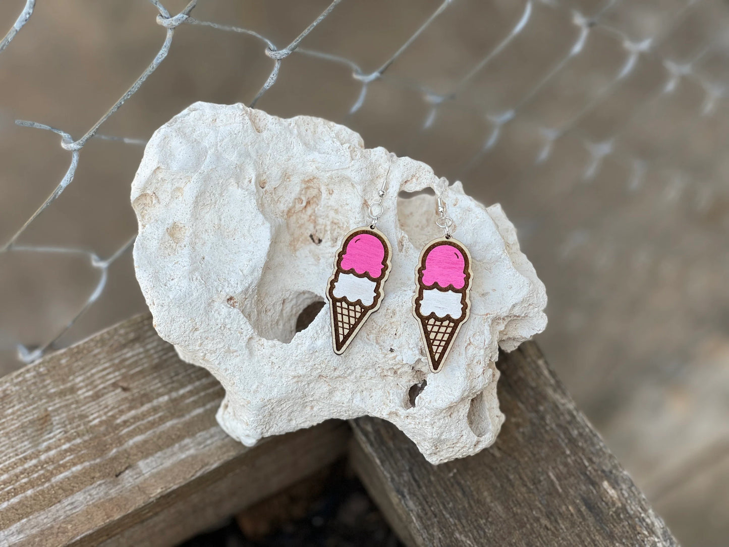 Ice Cream Cone Dangle Earrings – Wood Engraved & Hand-Painted | Customizable Sweet Treat Jewelry