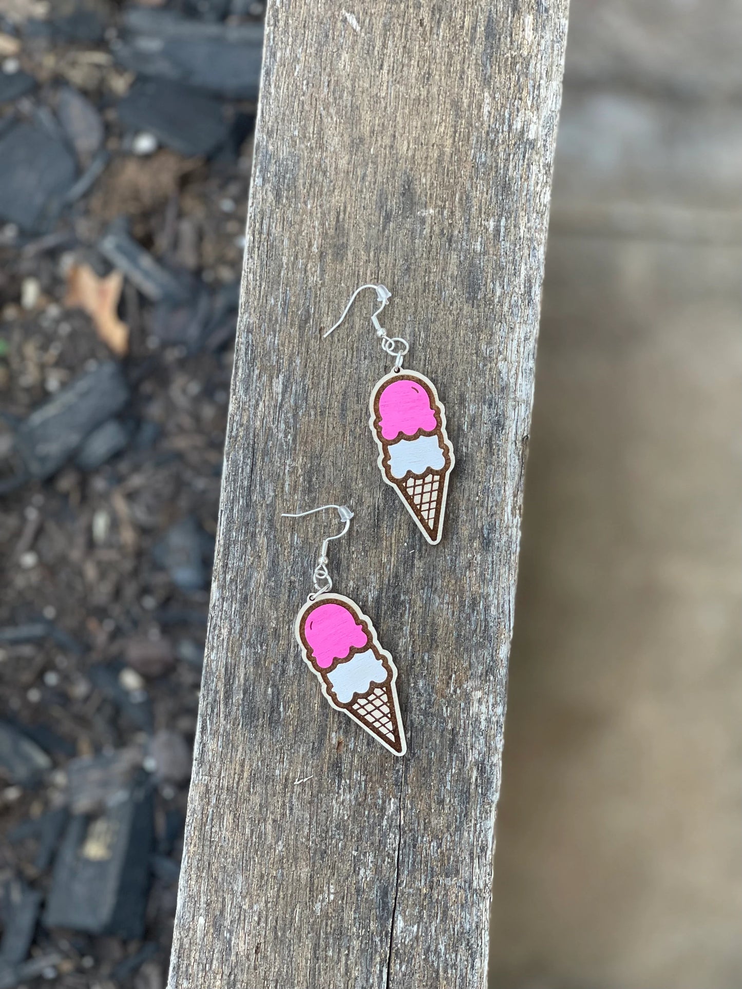 Ice Cream Cone Dangle Earrings – Wood Engraved & Hand-Painted | Customizable Sweet Treat Jewelry