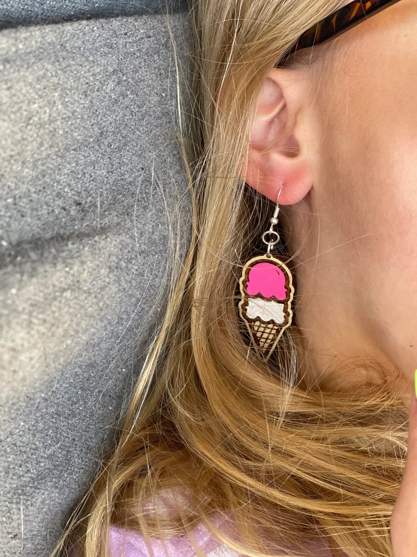Ice Cream Cone Dangle Earrings – Wood Engraved & Hand-Painted | Customizable Sweet Treat Jewelry