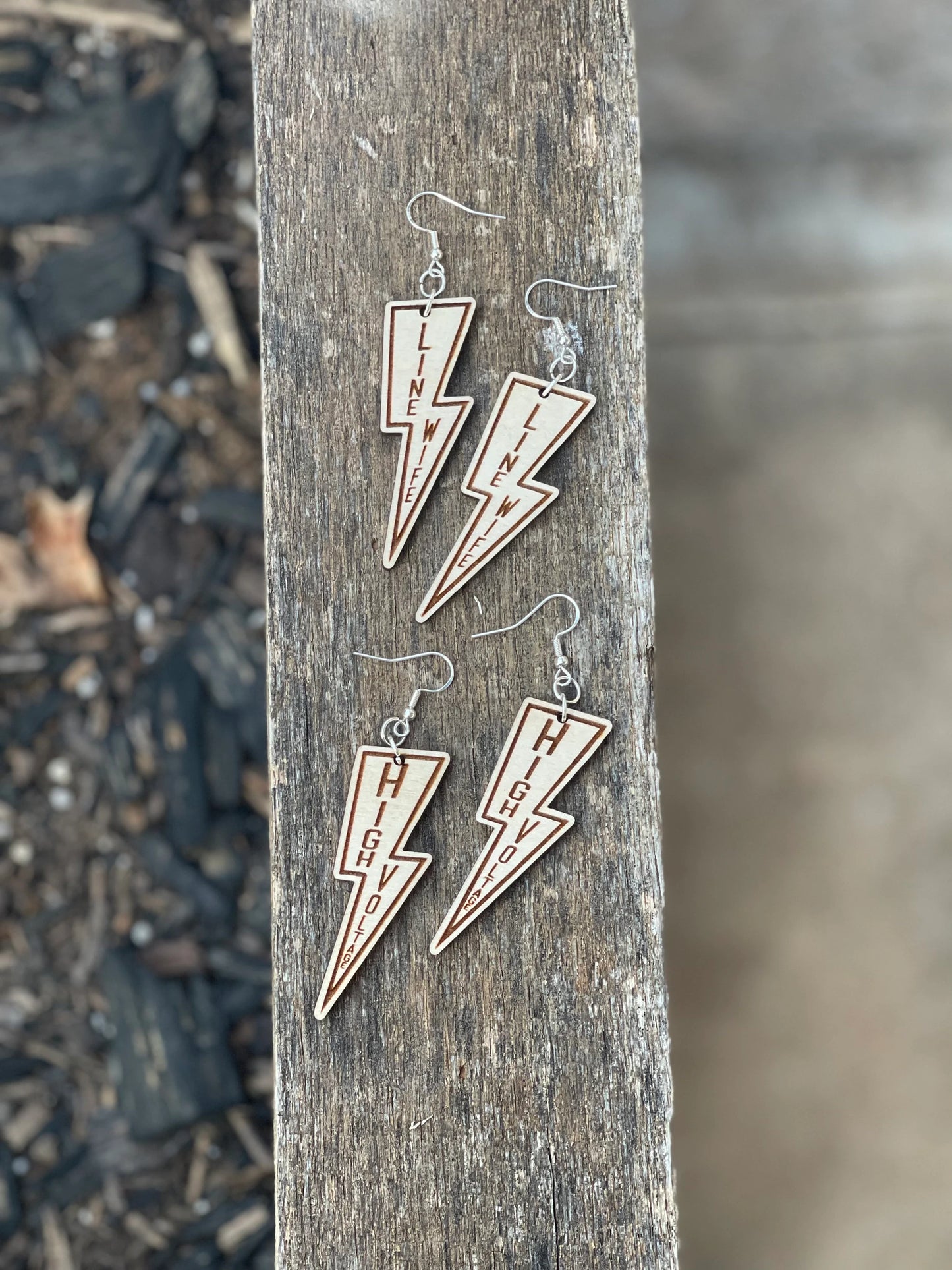Line Wife Lightning Bolt Wood Engraved Dangle Earrings | Lineman Linewife Jewelry