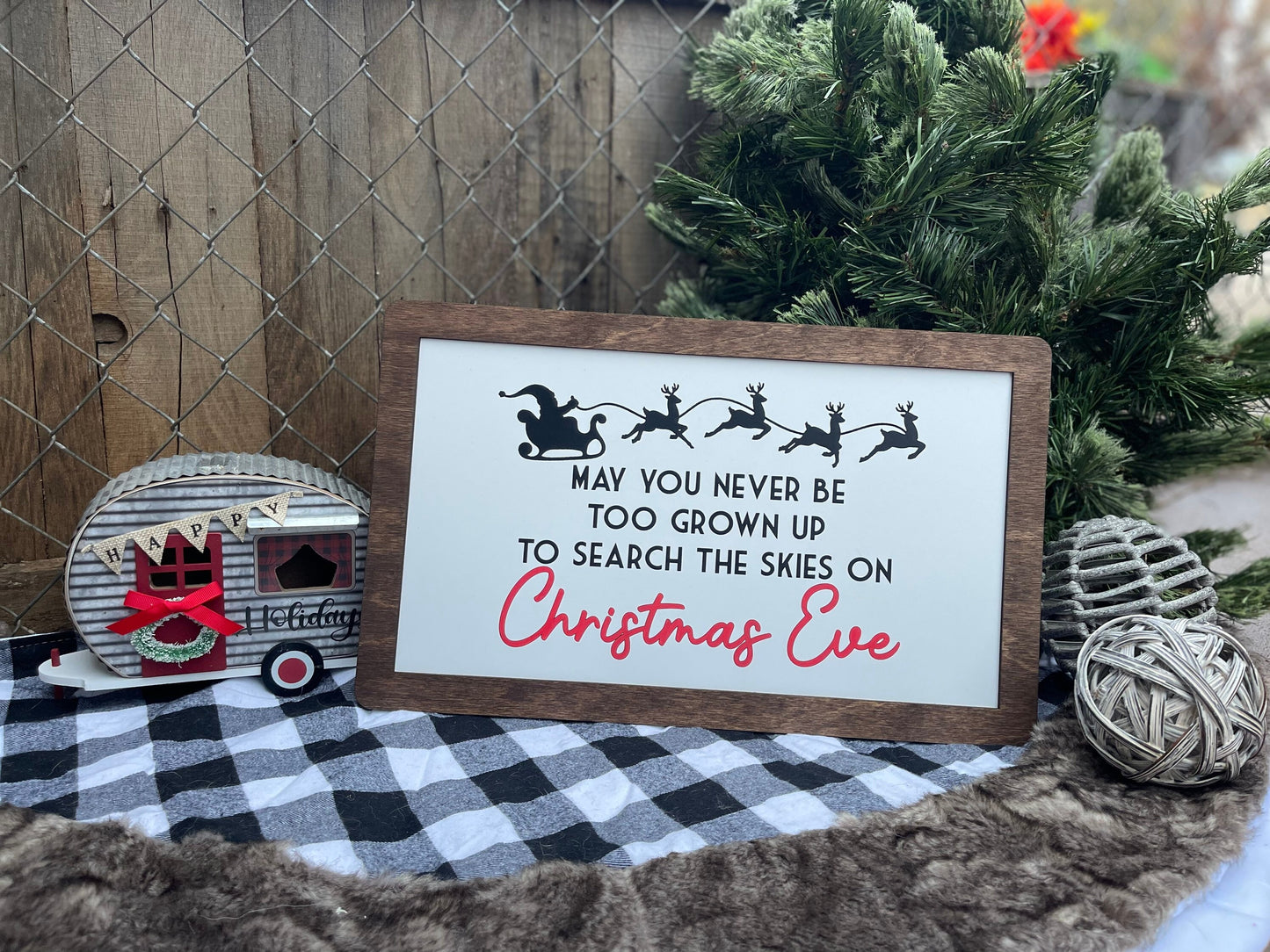 "May You Never Be Too Grown Up to Search the Skies on Christmas Eve" Wood Engraved & Hand-Painted Sign | Santa Sleigh & Reindeer Christmas Decor