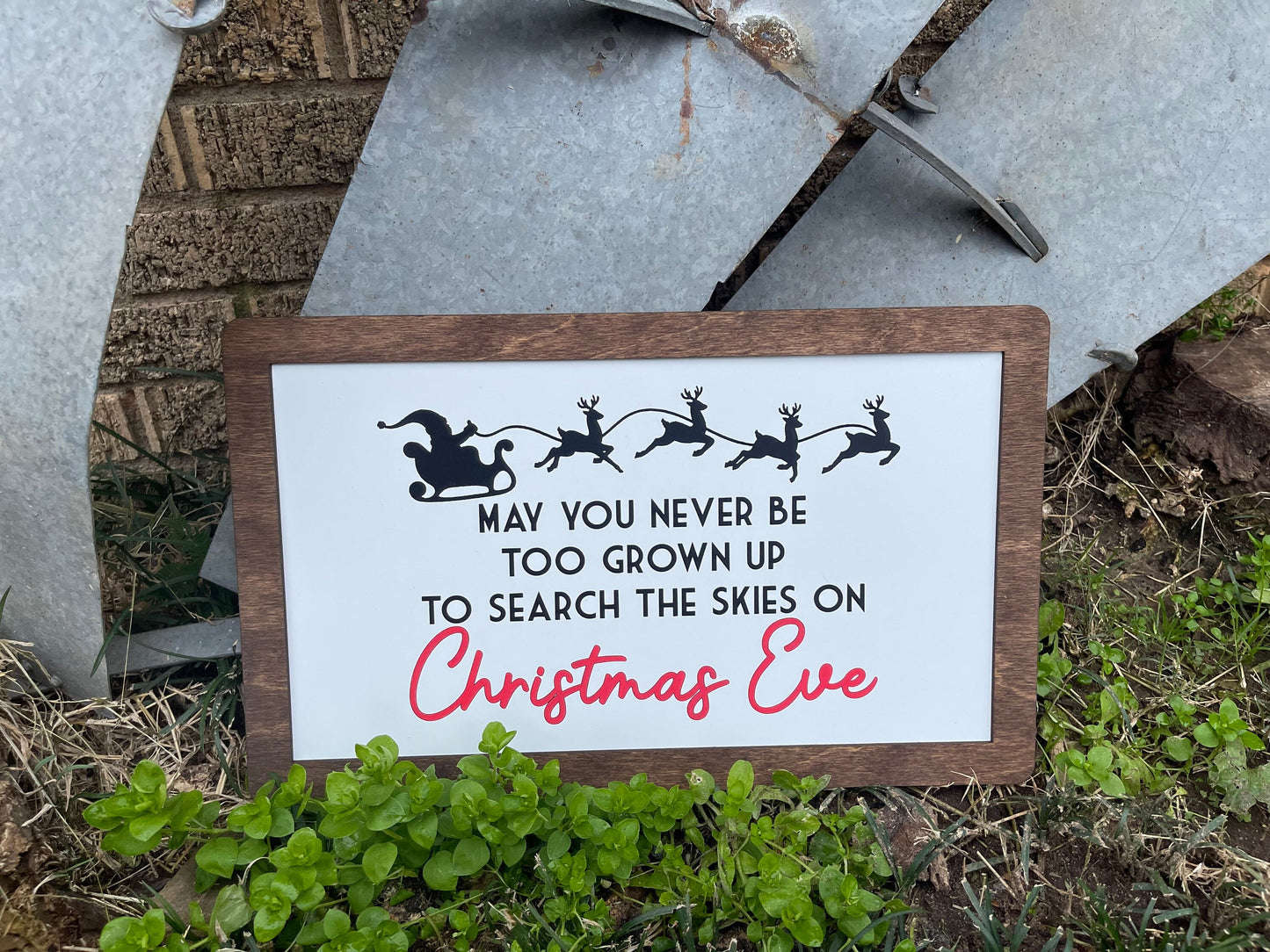 "May You Never Be Too Grown Up to Search the Skies on Christmas Eve" Wood Engraved & Hand-Painted Sign | Santa Sleigh & Reindeer Christmas Decor