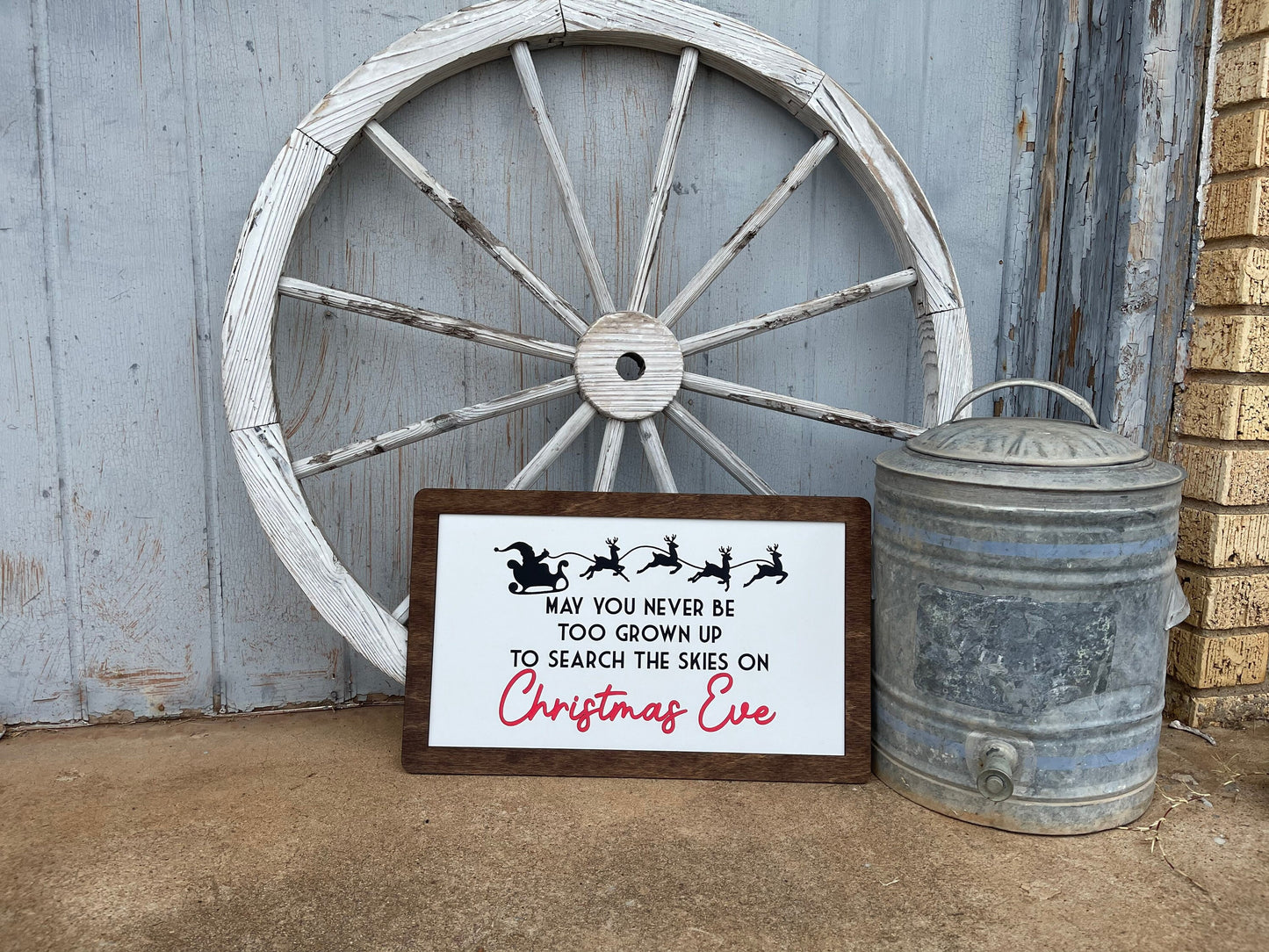 "May You Never Be Too Grown Up to Search the Skies on Christmas Eve" Wood Engraved & Hand-Painted Sign | Santa Sleigh & Reindeer Christmas Decor