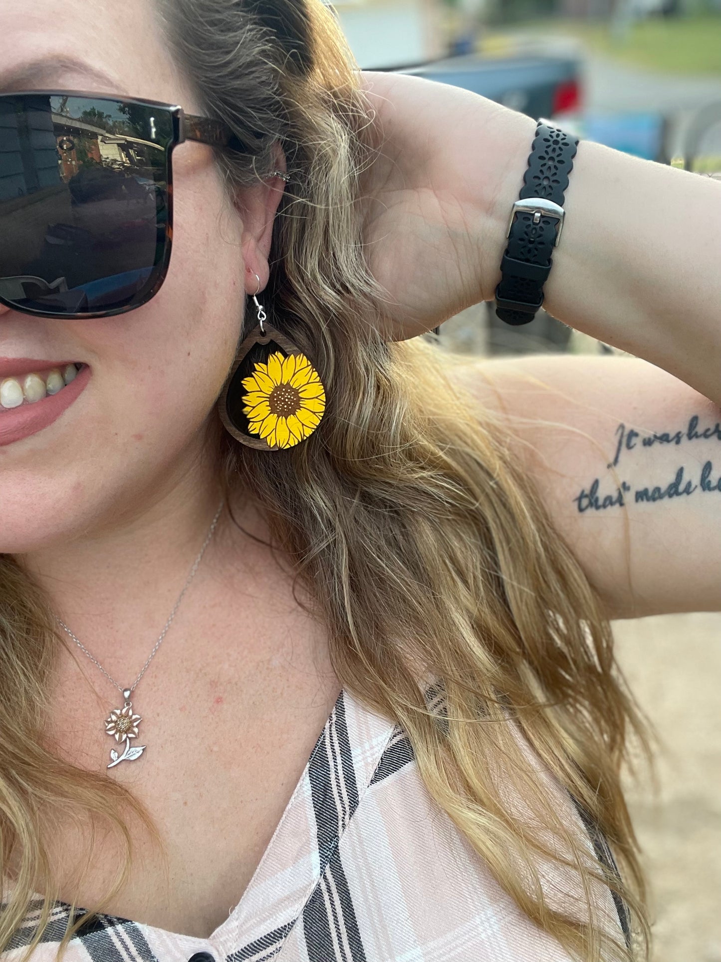 Cute Sunflower Teardrop Dangle Earrings | Wood Engraved & Hand-Painted | Perfect Gift for Sunflower Lovers