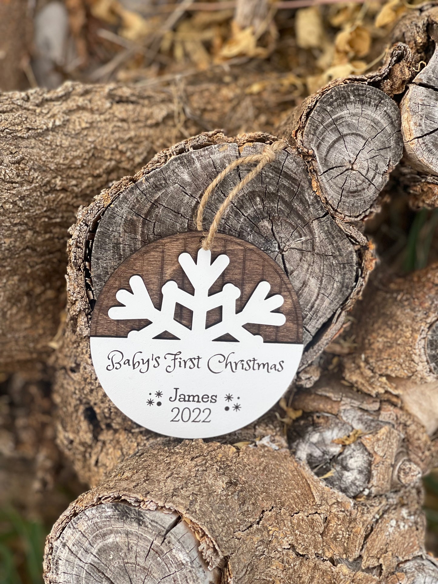 Baby's First Christmas Personalized Ornament | Custom Name Snowflake Design | 2024 Wood Engraved Keepsake