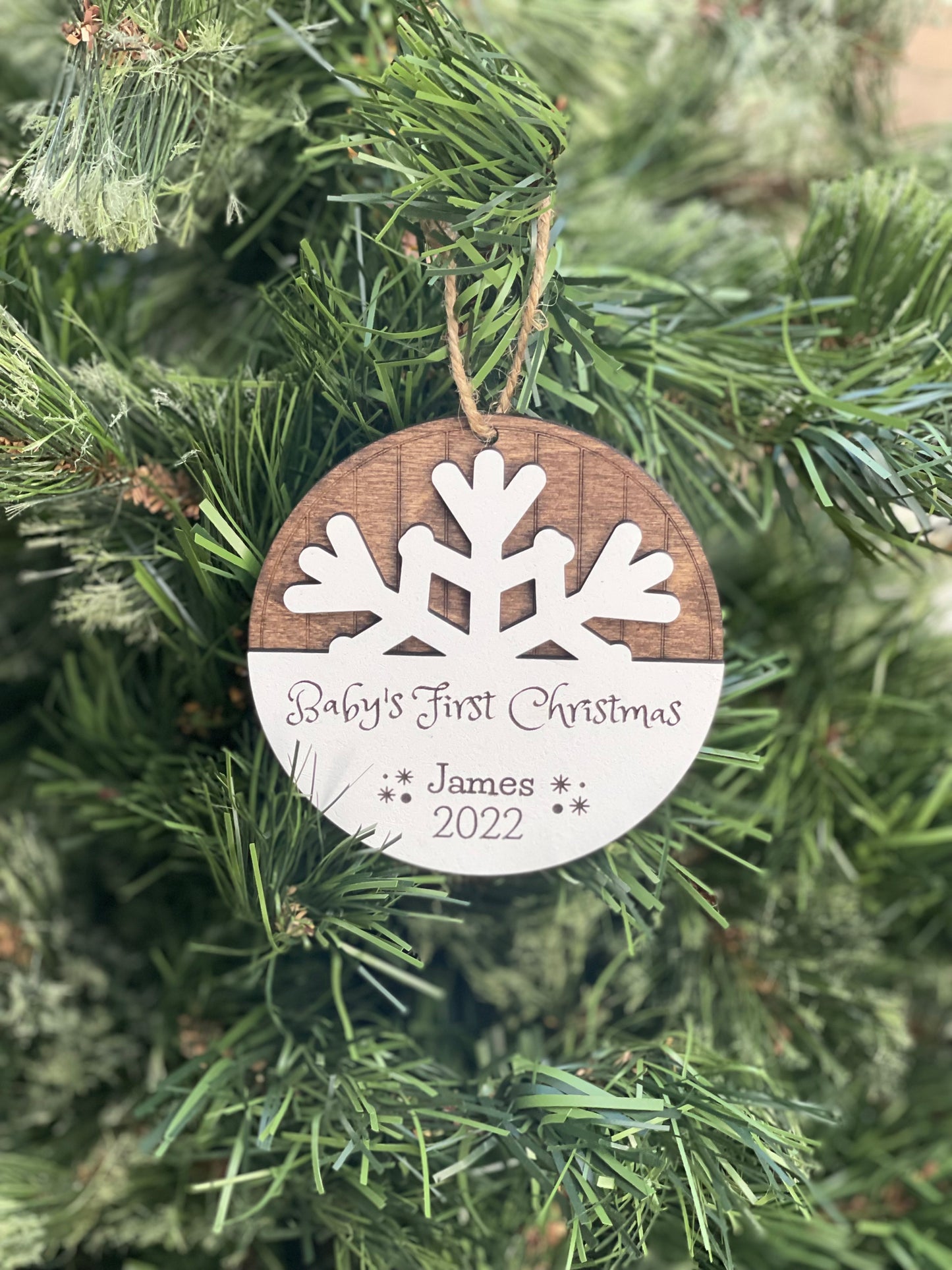 Baby's First Christmas Personalized Ornament | Custom Name Snowflake Design | 2024 Wood Engraved Keepsake