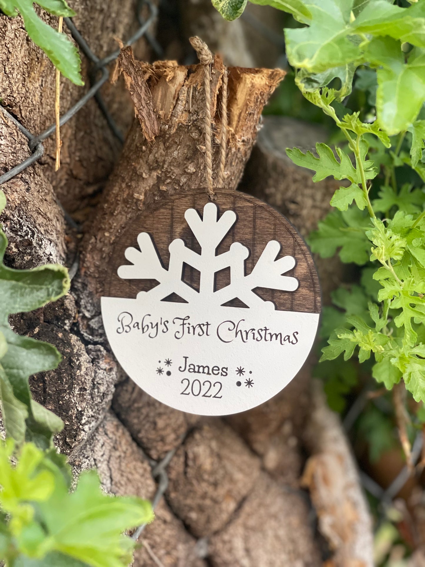 Baby's First Christmas Personalized Ornament | Custom Name Snowflake Design | 2024 Wood Engraved Keepsake