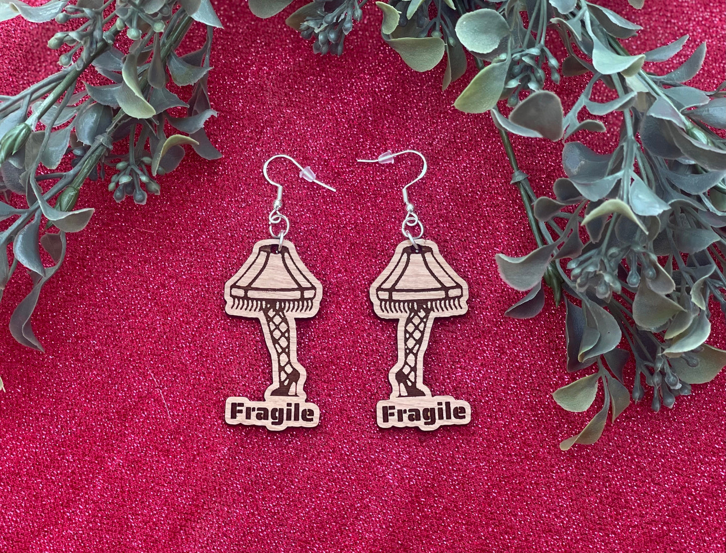 Christmas Fragile Leg Lamp Earrings | Classic Wood Engraved Christmas Movie Jewelry