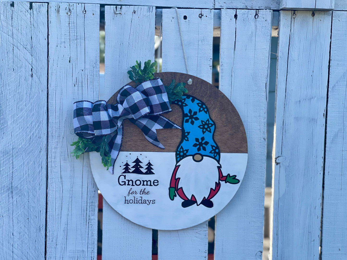 Gnome For The Holidays Door Hanger | Wreath Sign with Black & White Buffalo Plaid and Boxwood Leaves