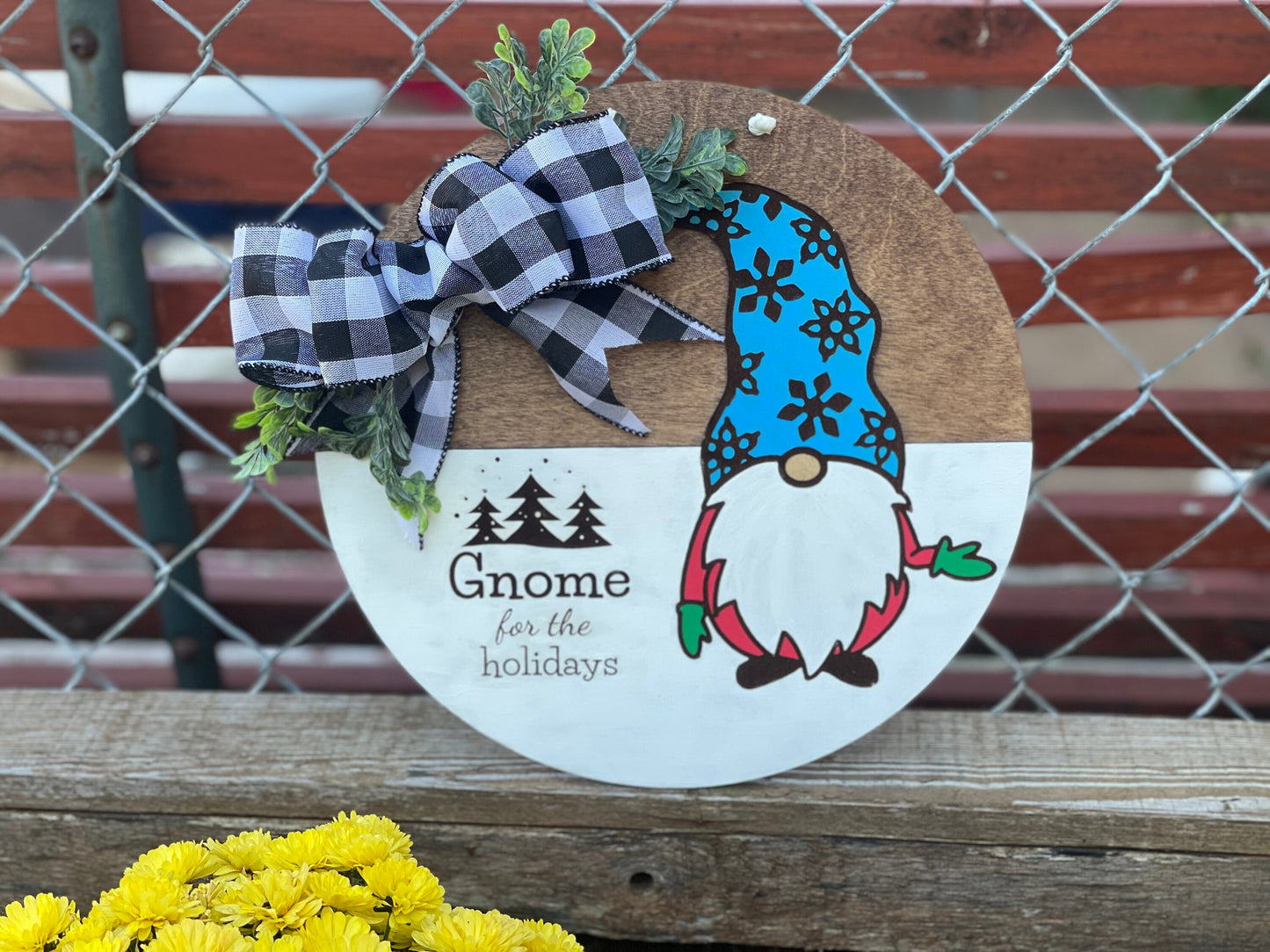 Gnome For The Holidays Door Hanger | Wreath Sign with Black & White Buffalo Plaid and Boxwood Leaves