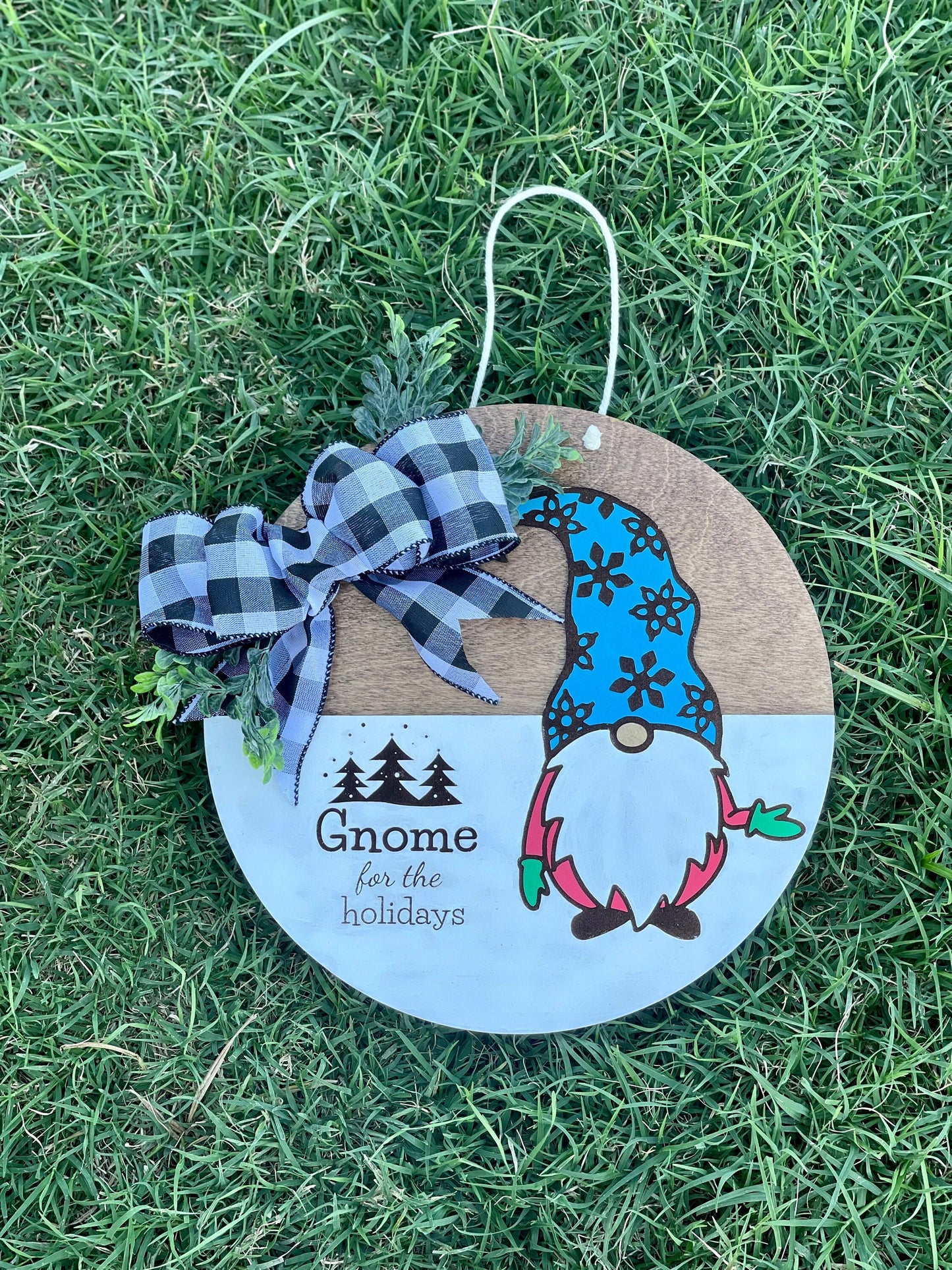 Gnome For The Holidays Door Hanger | Wreath Sign with Black & White Buffalo Plaid and Boxwood Leaves