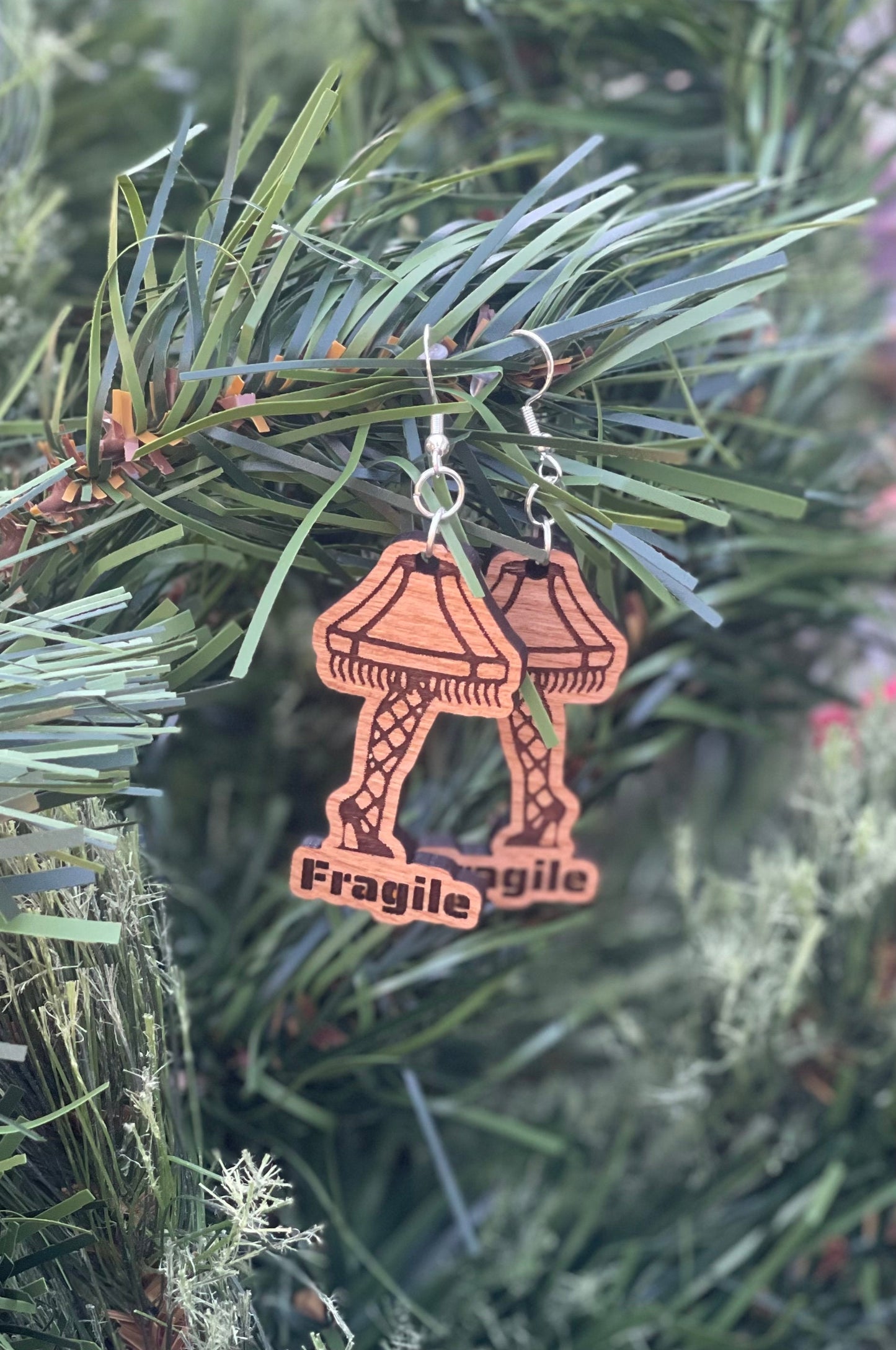 Christmas Fragile Leg Lamp Earrings | Classic Wood Engraved Christmas Movie Jewelry