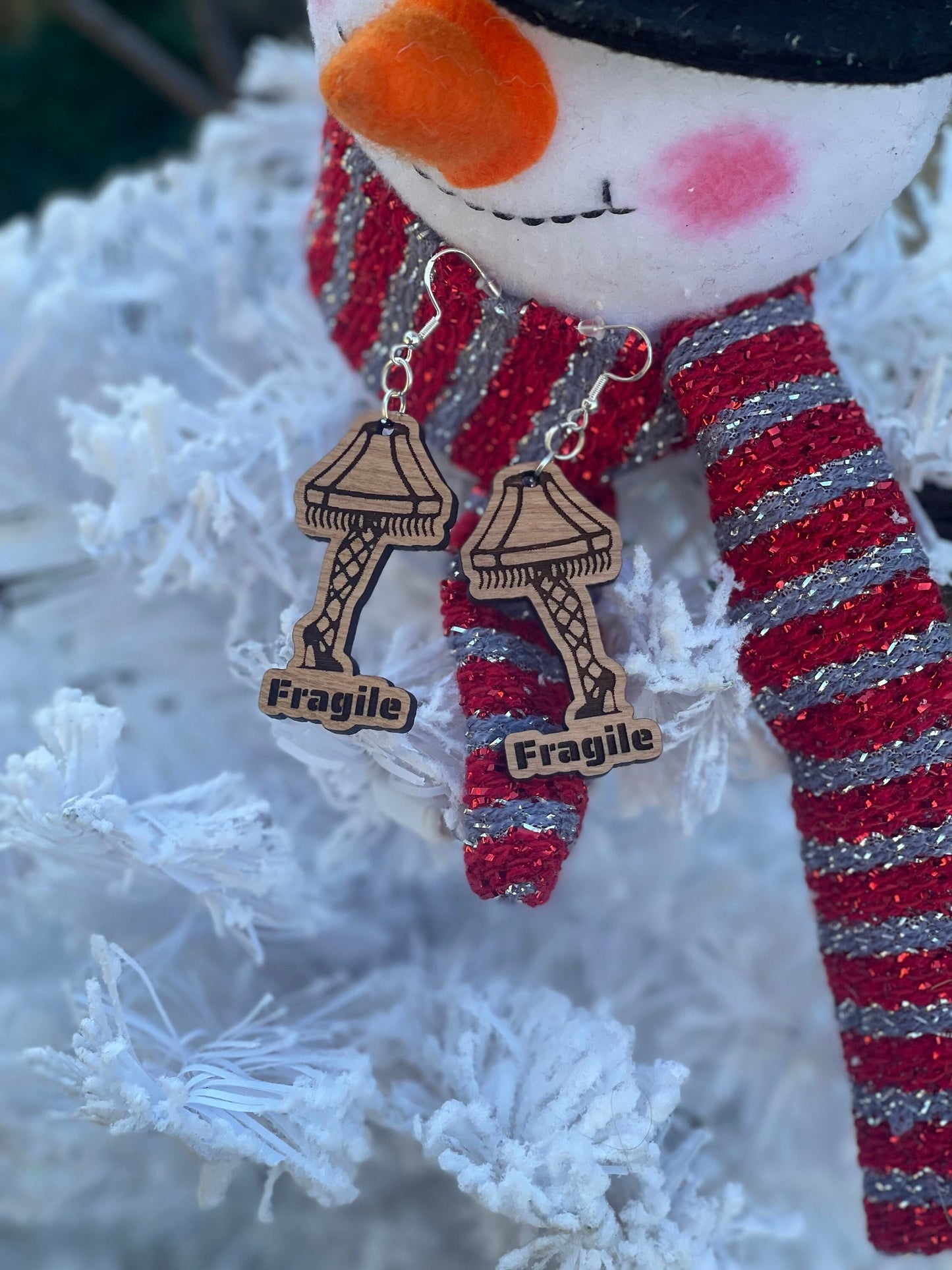 Christmas Fragile Leg Lamp Earrings | Classic Wood Engraved Christmas Movie Jewelry
