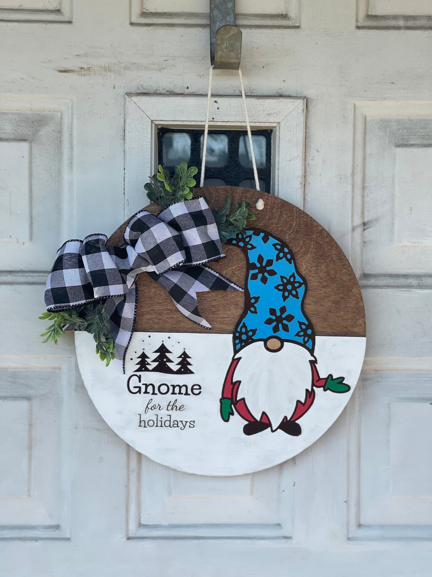 Gnome For The Holidays Door Hanger | Wreath Sign with Black & White Buffalo Plaid and Boxwood Leaves