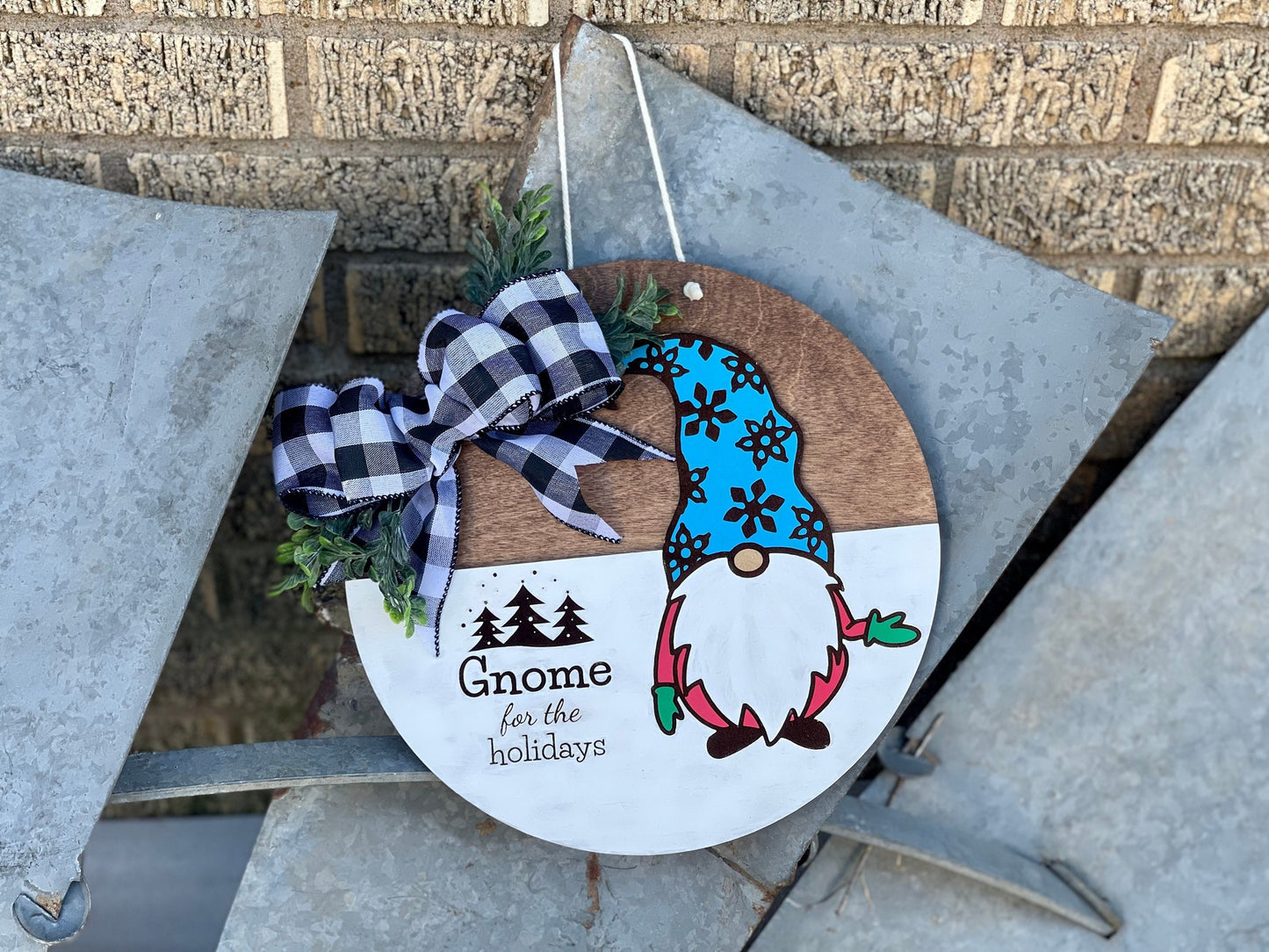 Gnome For The Holidays Door Hanger | Wreath Sign with Black & White Buffalo Plaid and Boxwood Leaves