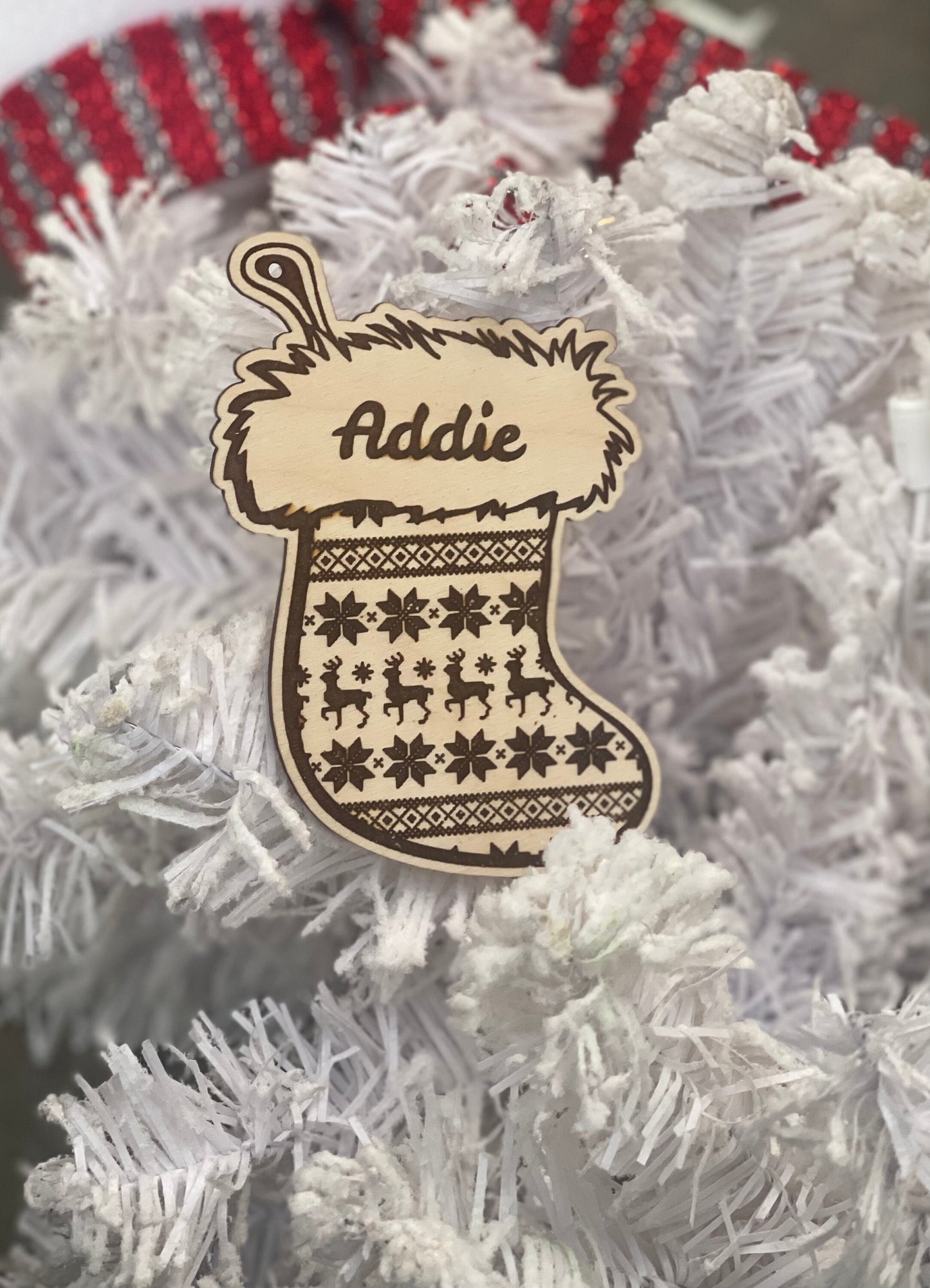 Custom Personalized Name Christmas Stocking Ornament | Snowflake & Reindeer Design | Holiday Decor