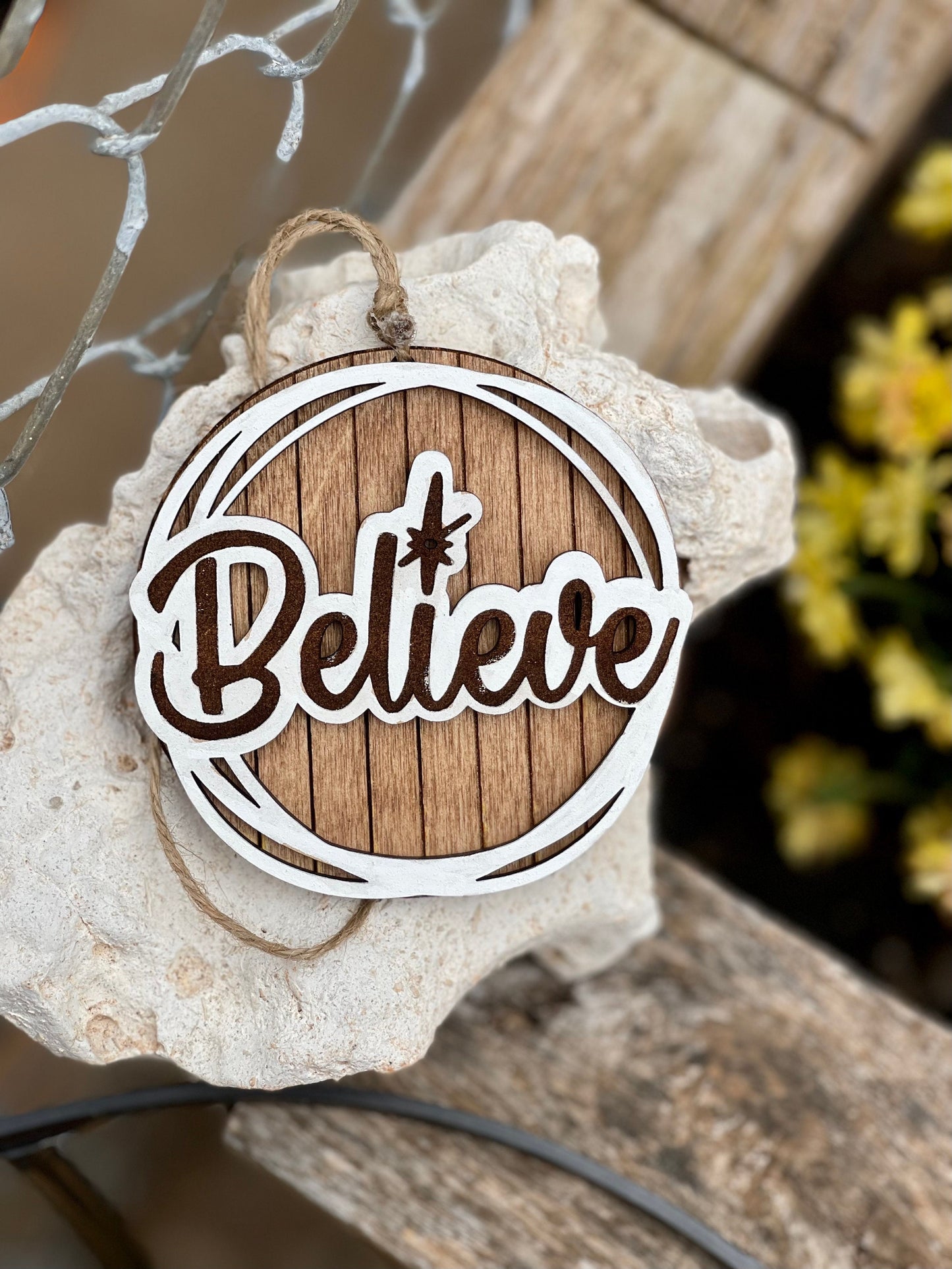 Custom Believe Christmas Ornament | Wood Engraved & Hand-Painted | Rustic Holiday Decor