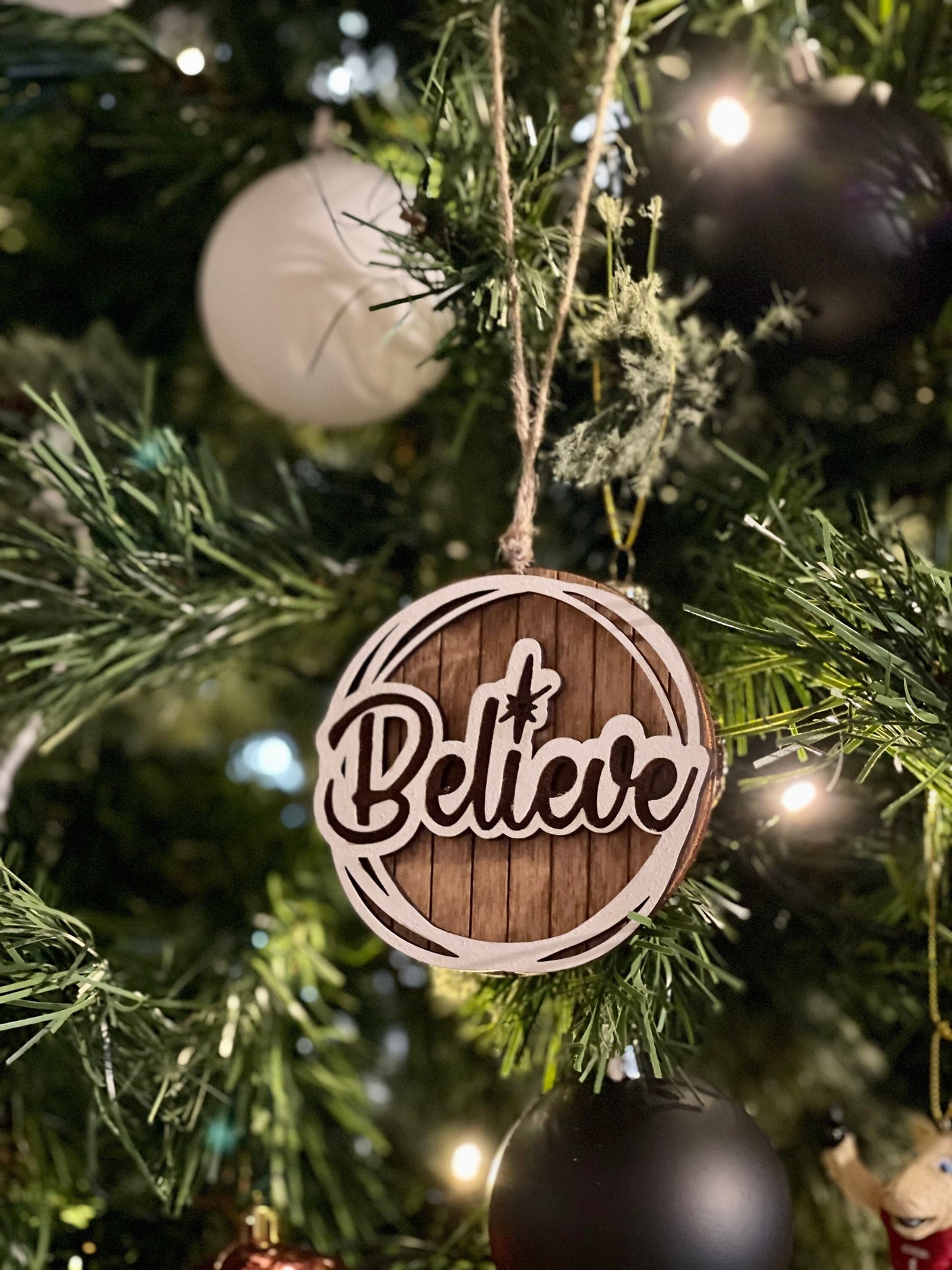 Custom Believe Christmas Ornament | Wood Engraved & Hand-Painted | Rustic Holiday Decor
