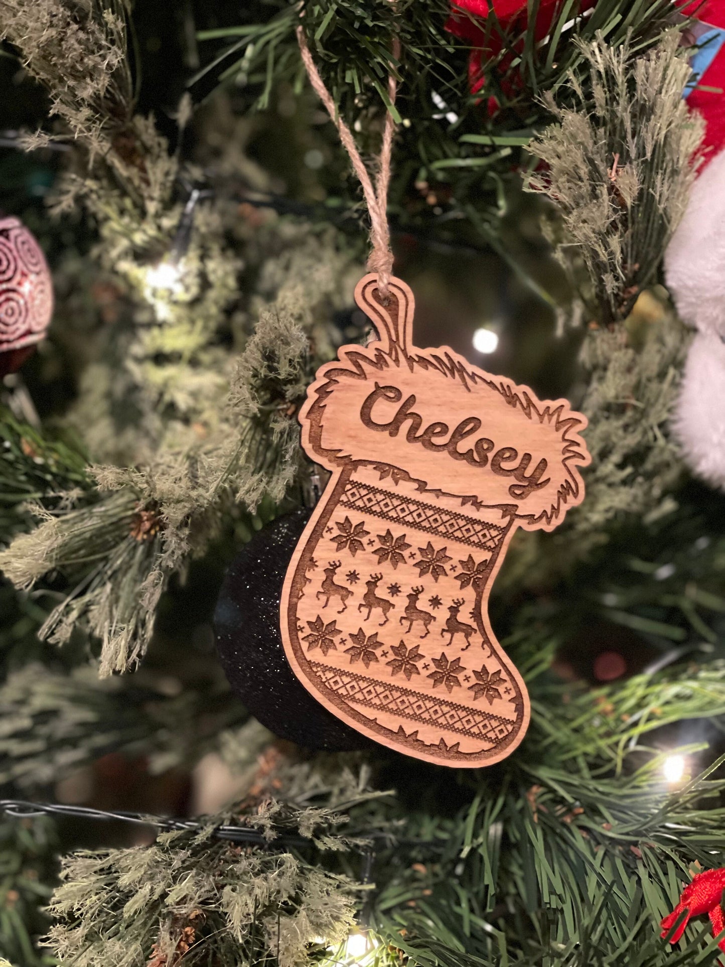 Custom Personalized Name Christmas Stocking Ornament | Snowflake & Reindeer Design | Holiday Decor