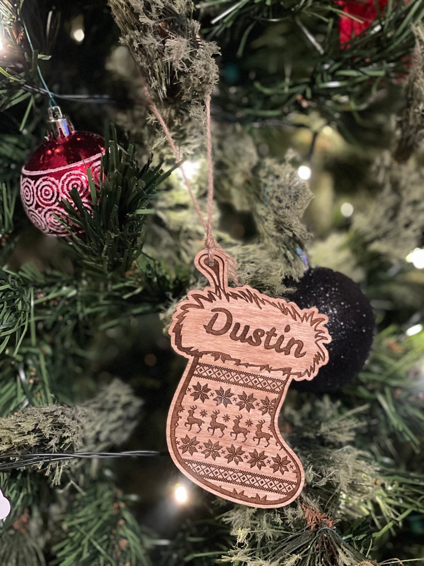 Custom Personalized Name Christmas Stocking Ornament | Snowflake & Reindeer Design | Holiday Decor