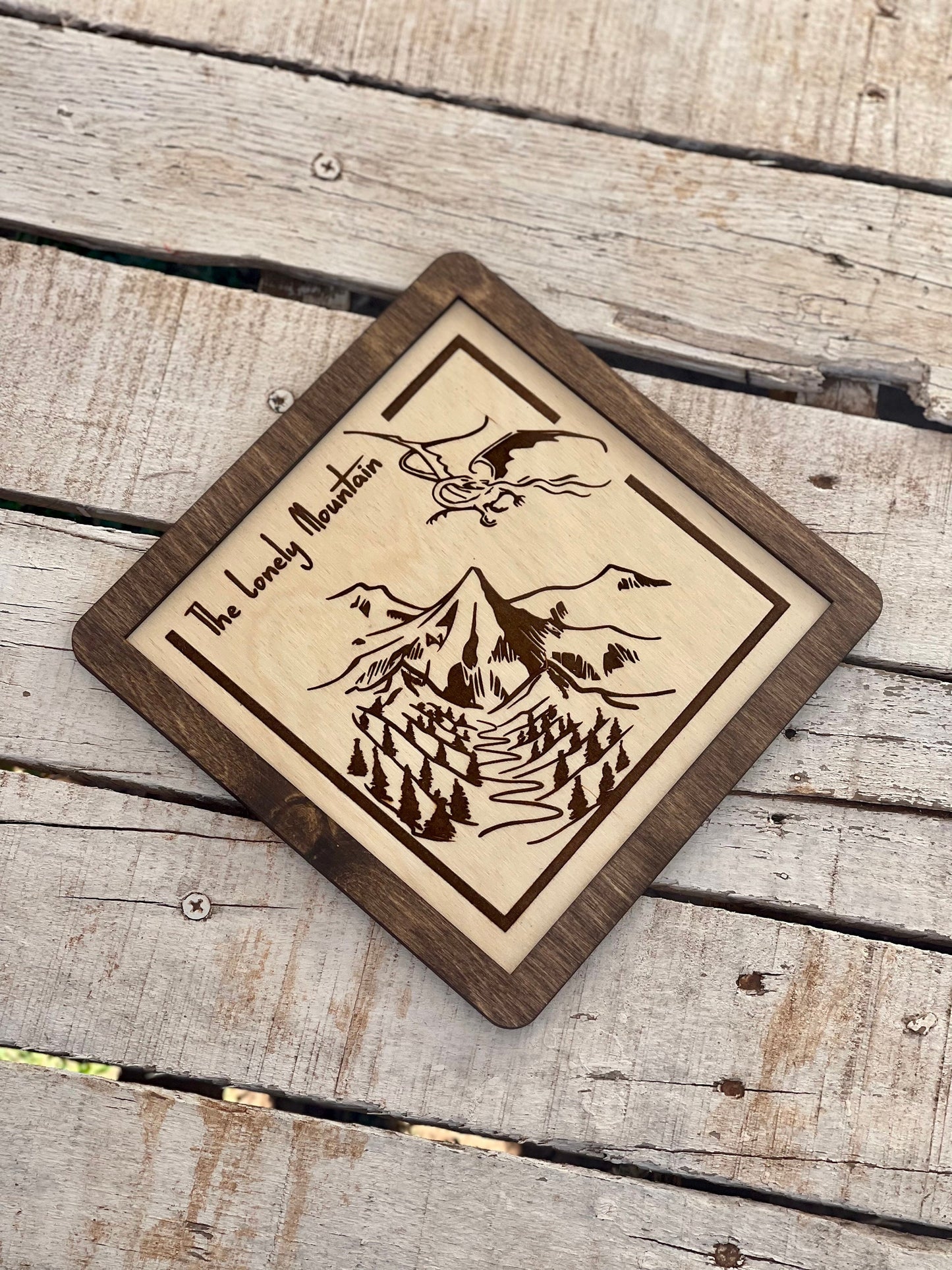 The Lonely Mountain - Engraved Wood Sign | Fantasy Ring & Shire -Inspired Wall Decor for Home or Office