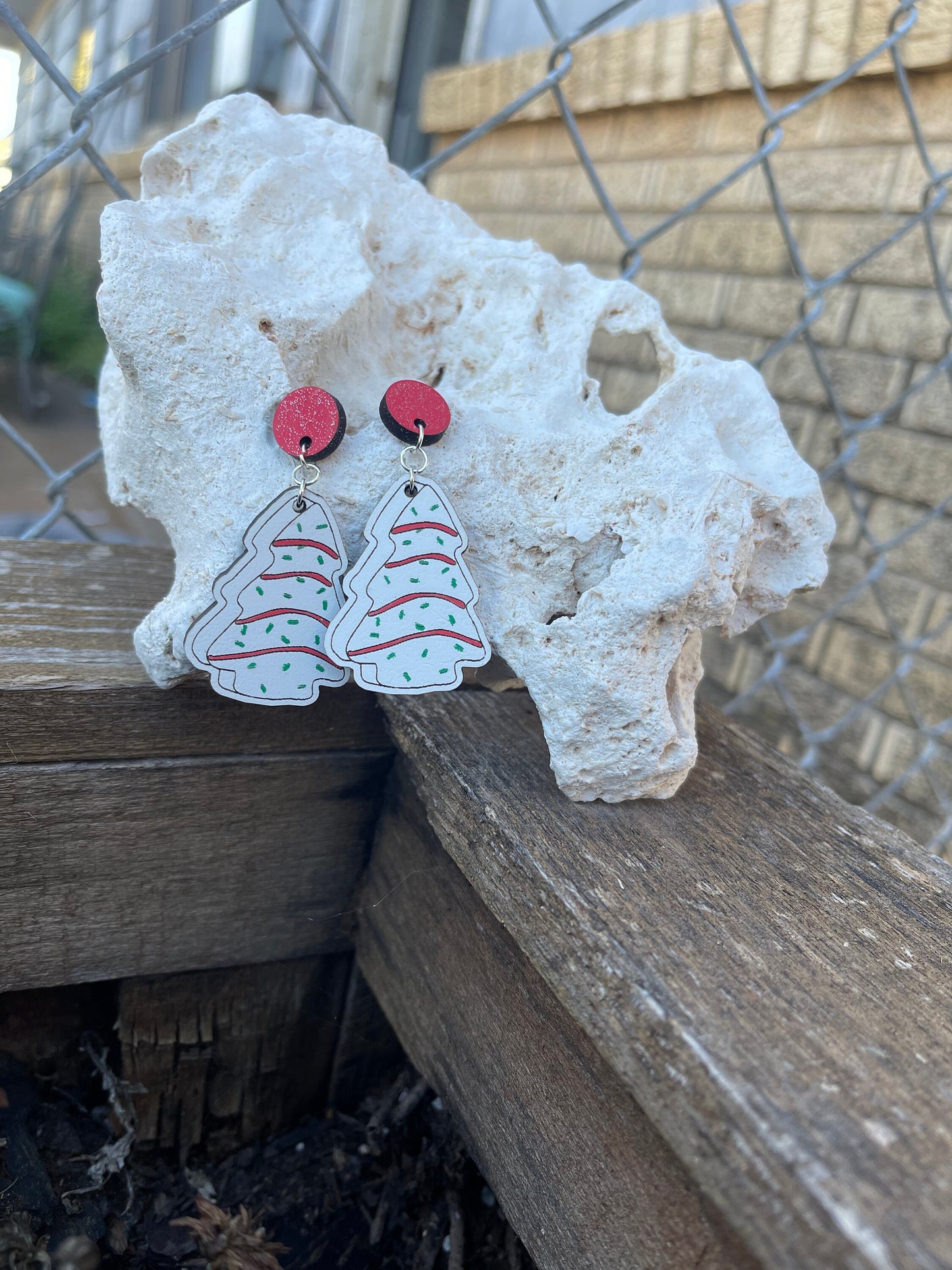 Christmas Tree Cake Earrings | Wood Engraved, Hand-Painted Holiday Jewelry | Cute Snack-Inspired Earrings for Foodie Lovers