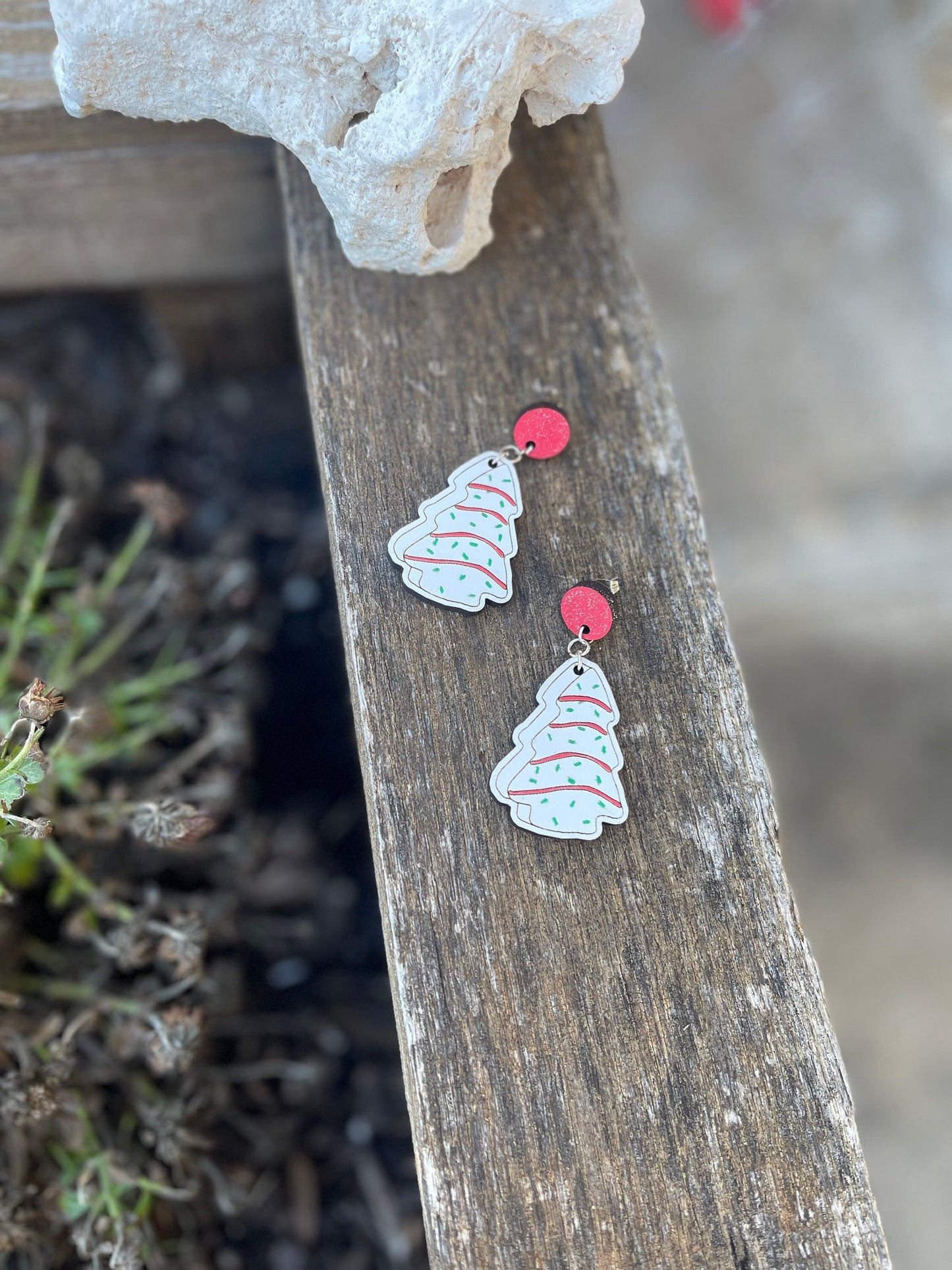 Christmas Tree Cake Earrings | Wood Engraved, Hand-Painted Holiday Jewelry | Cute Snack-Inspired Earrings for Foodie Lovers