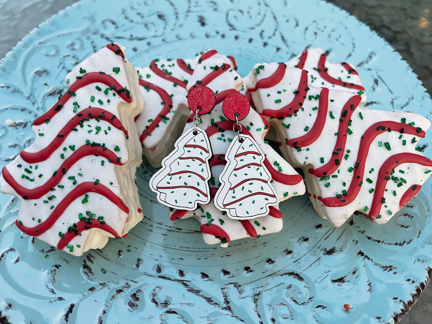 Christmas Tree Cake Earrings | Wood Engraved, Hand-Painted Holiday Jewelry | Cute Snack-Inspired Earrings for Foodie Lovers