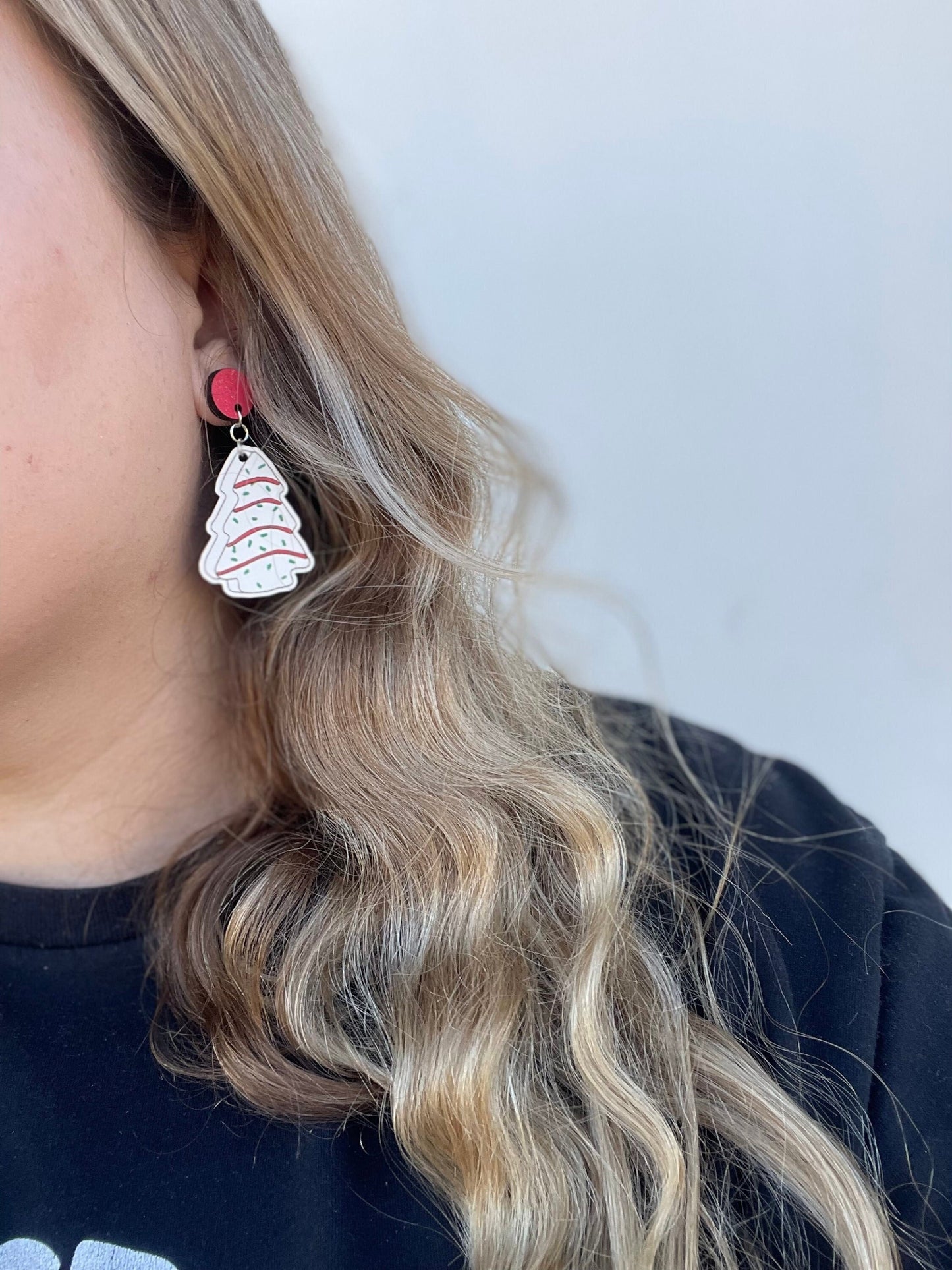 Christmas Tree Cake Earrings | Wood Engraved, Hand-Painted Holiday Jewelry | Cute Snack-Inspired Earrings for Foodie Lovers