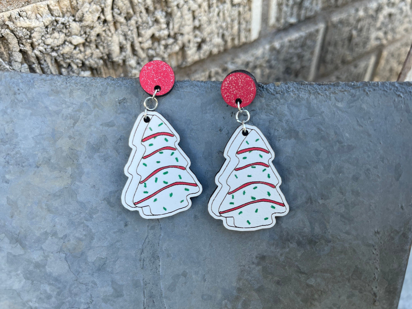 Christmas Tree Cake Earrings | Wood Engraved, Hand-Painted Holiday Jewelry | Cute Snack-Inspired Earrings for Foodie Lovers