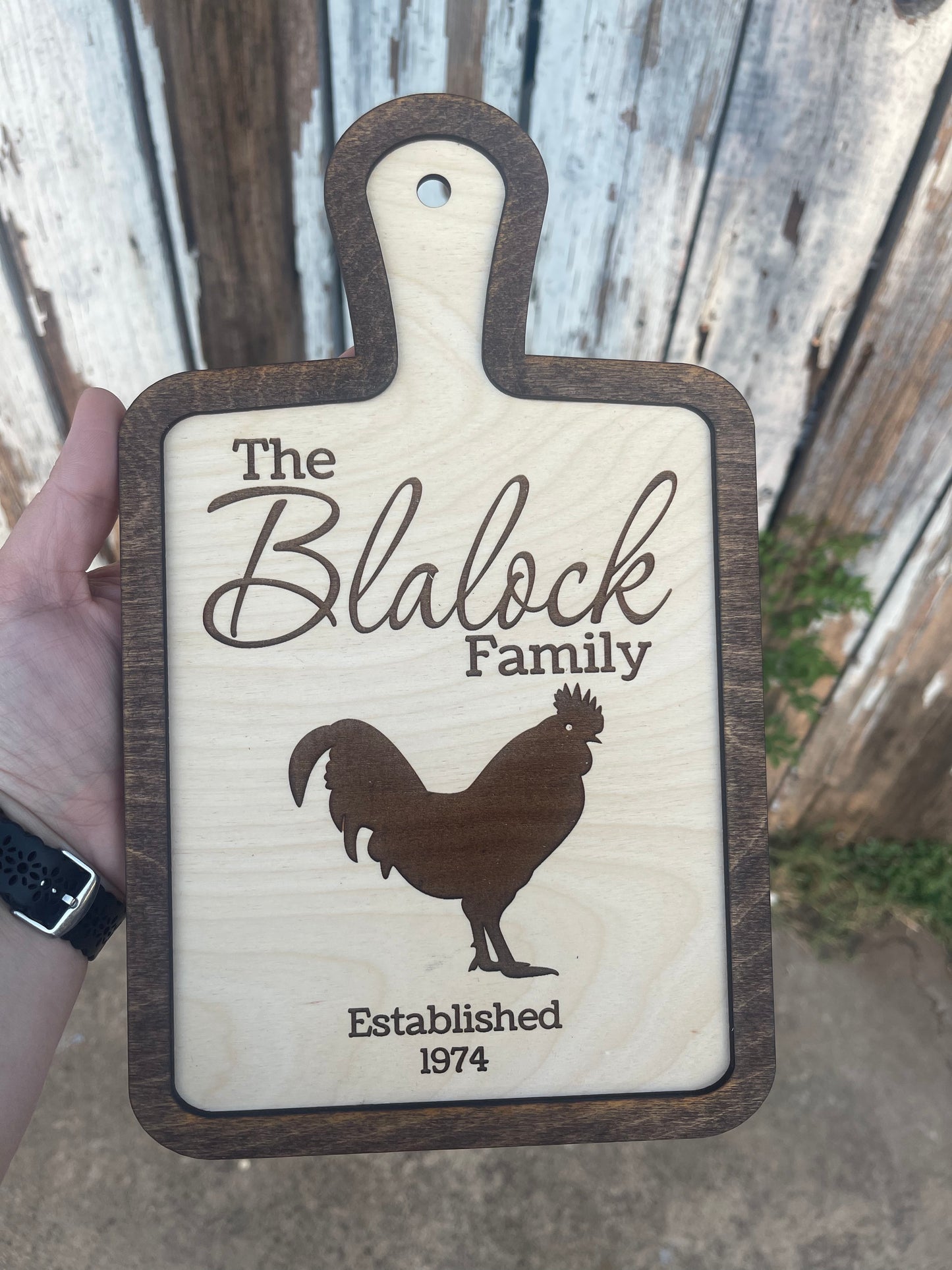 Family Name and Year Custom Chicken Rooster Cutting Board Style Sign | Rustic Farmhouse Country Kitchen Decor | Wedding & Housewarming Gift