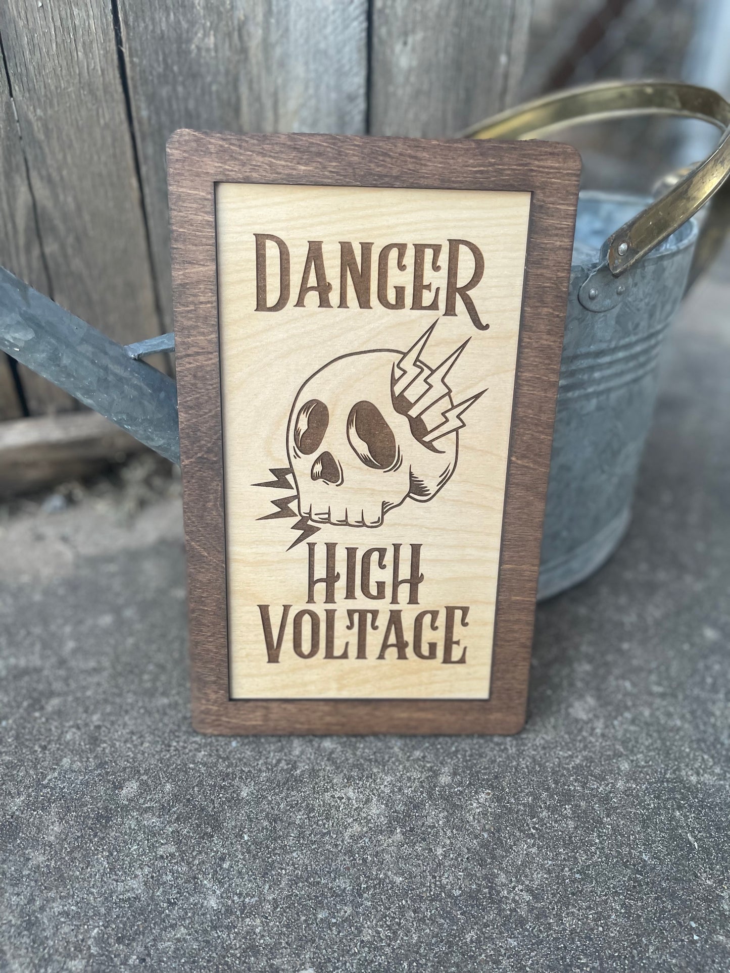 Danger High Voltage Skull Wood Engraved Sign with Electrical Lightning Bolts | Lineman Decor & Gifts