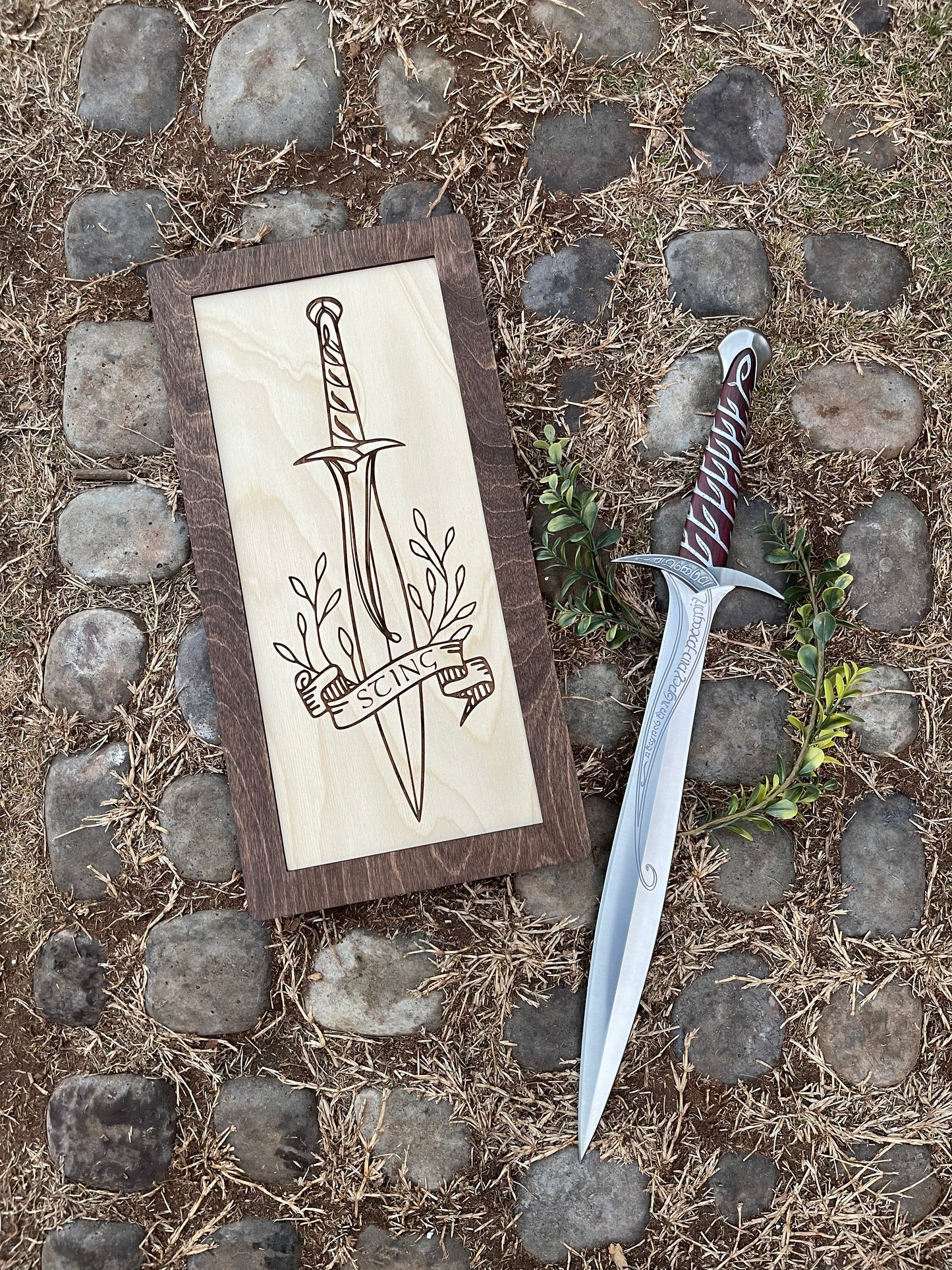 Fantasy Ring & Shire Blade Sword Wood Engraved Sign - Man Cave Decor