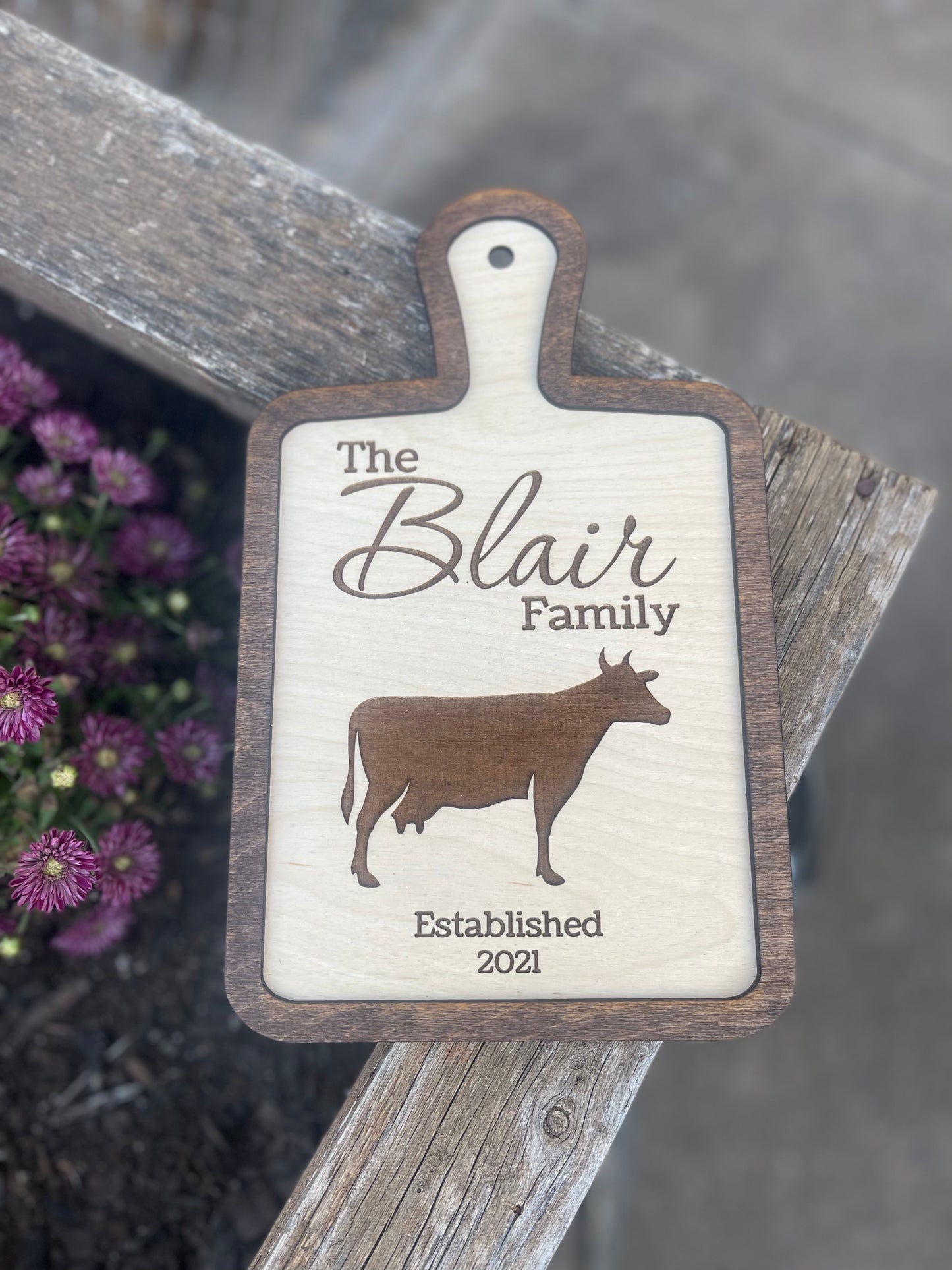 Custom Cutting Board Style Cow Farmhouse Sign with Family Name | Personalized Wedding, Bridal Shower, & Housewarming Gift