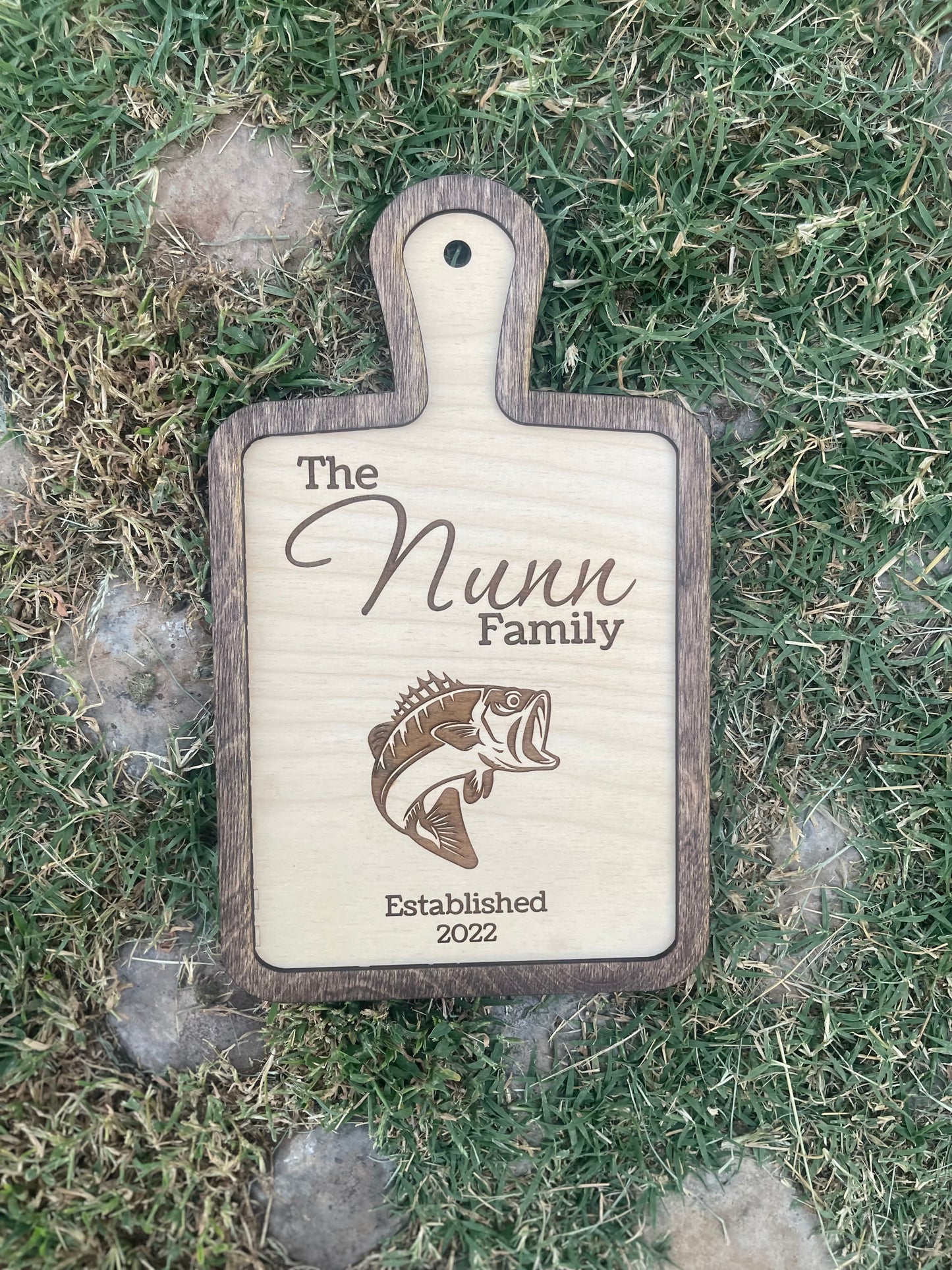 Personalized Fish Cutting Board Sign | Custom Family Name & Year | Bass Silhouette | Engraved Wooden Sign | Rustic Kitchen Decor | Wedding & Housewarming Gift