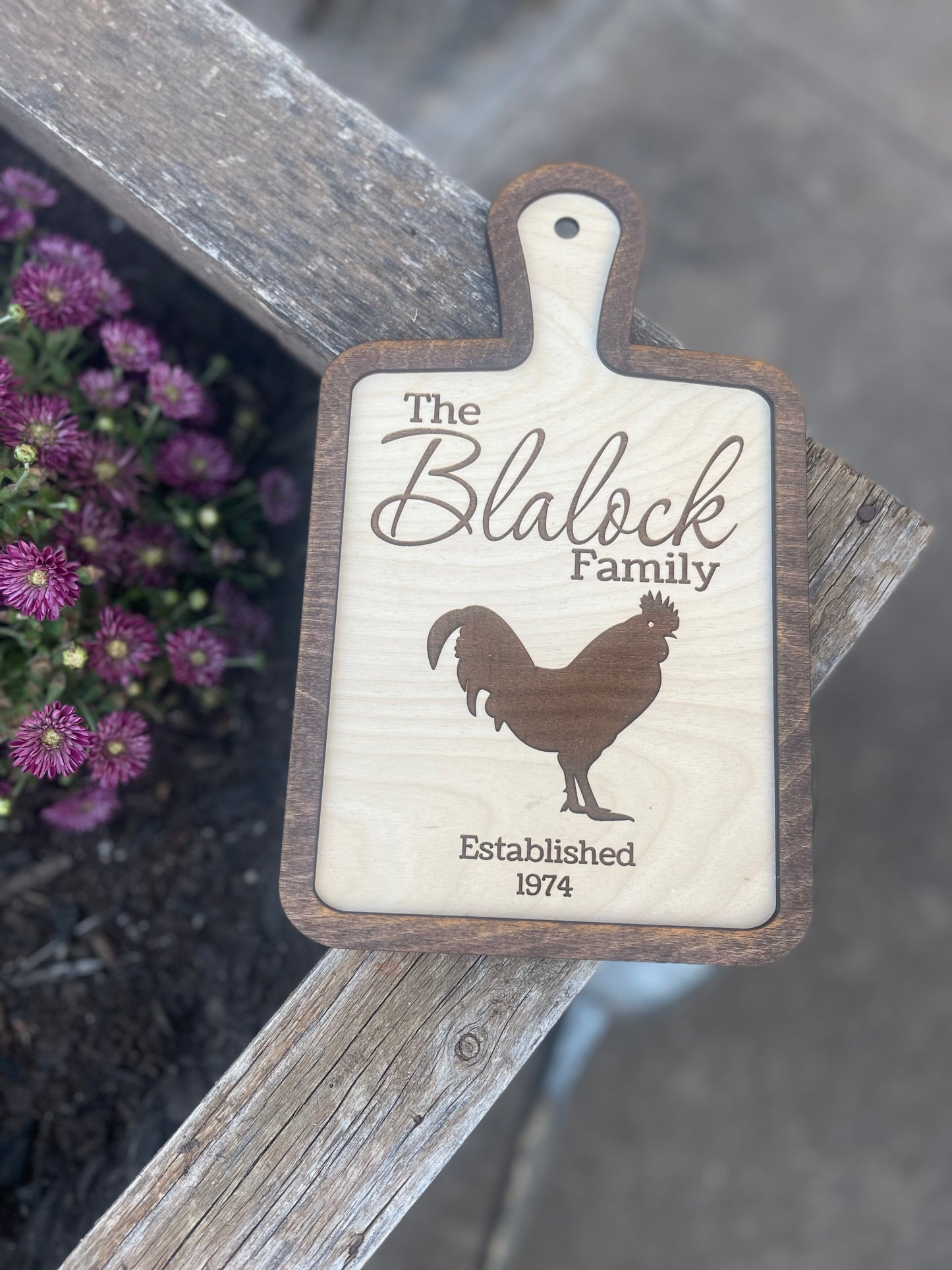 Family Name and Year Custom Chicken Rooster Cutting Board Style Sign | Rustic Farmhouse Country Kitchen Decor | Wedding & Housewarming Gift