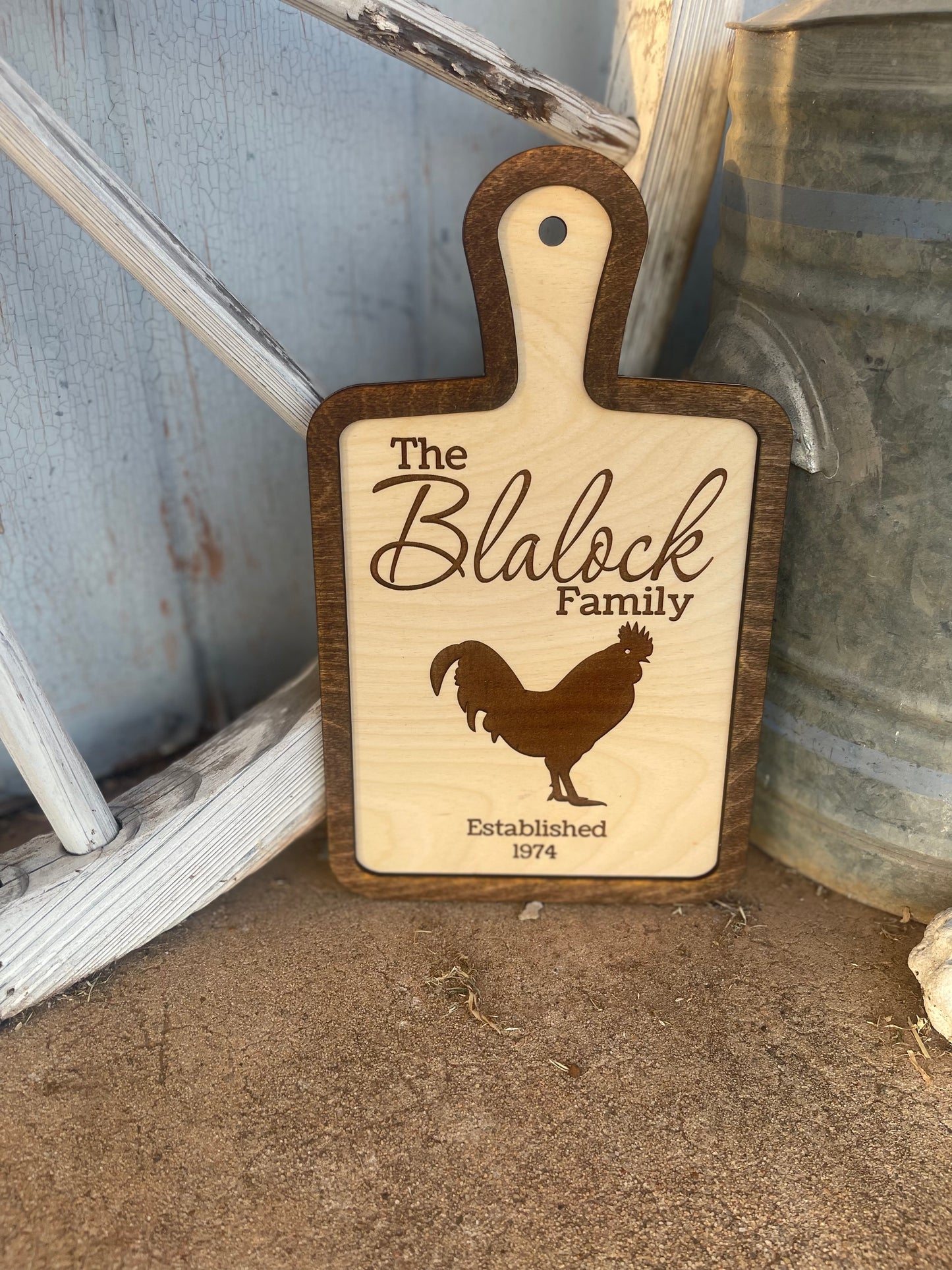 Family Name and Year Custom Chicken Rooster Cutting Board Style Sign | Rustic Farmhouse Country Kitchen Decor | Wedding & Housewarming Gift