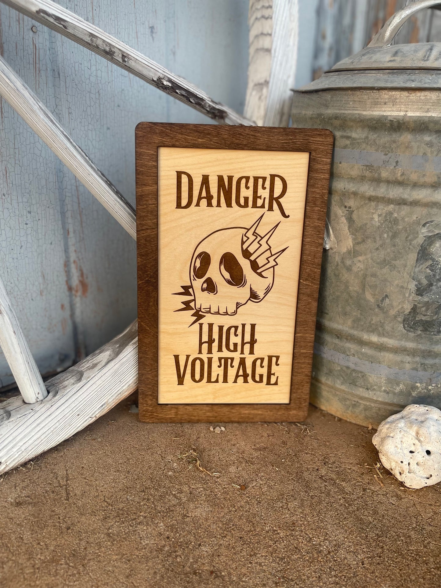 Danger High Voltage Skull Wood Engraved Sign with Electrical Lightning Bolts | Lineman Decor & Gifts