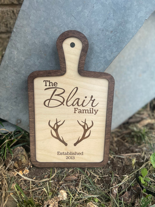 Hunter Custom Family Name and Year with Deer Antler Cutting Board Style Sign | Farmhouse & Country Kitchen Decor |