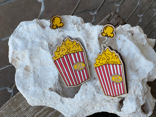 Popcorn Bucket Earrings | Hand-Painted Wood Engraved Stud & Dangle Drops – Perfect for Movie Lovers